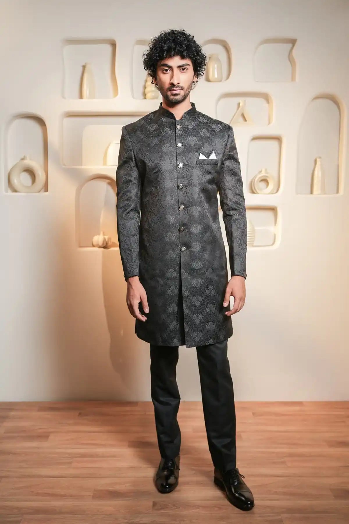 Black Floral Indo-Western, Designer Jacquard Indo-Western - Kavarsa