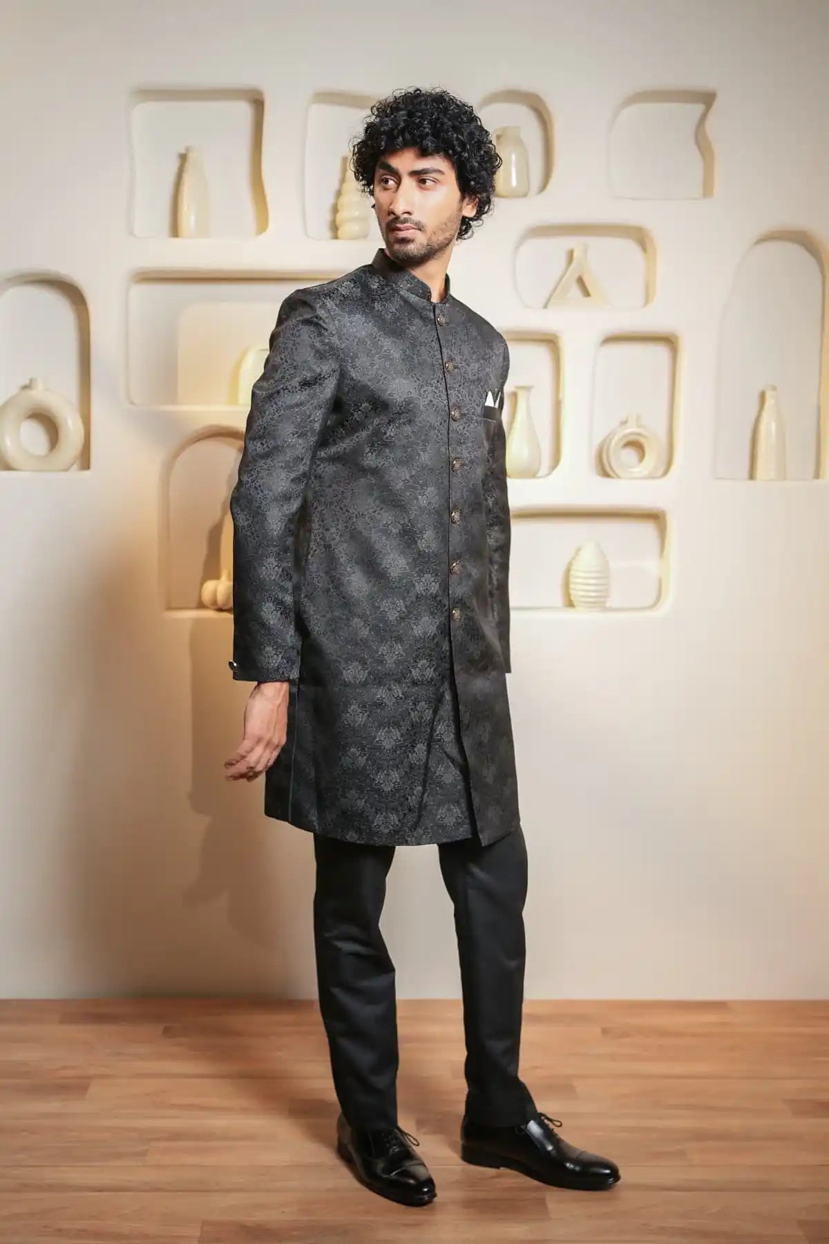 Black Floral Indo-Western, Designer Jacquard Indo-Western - Kavarsa