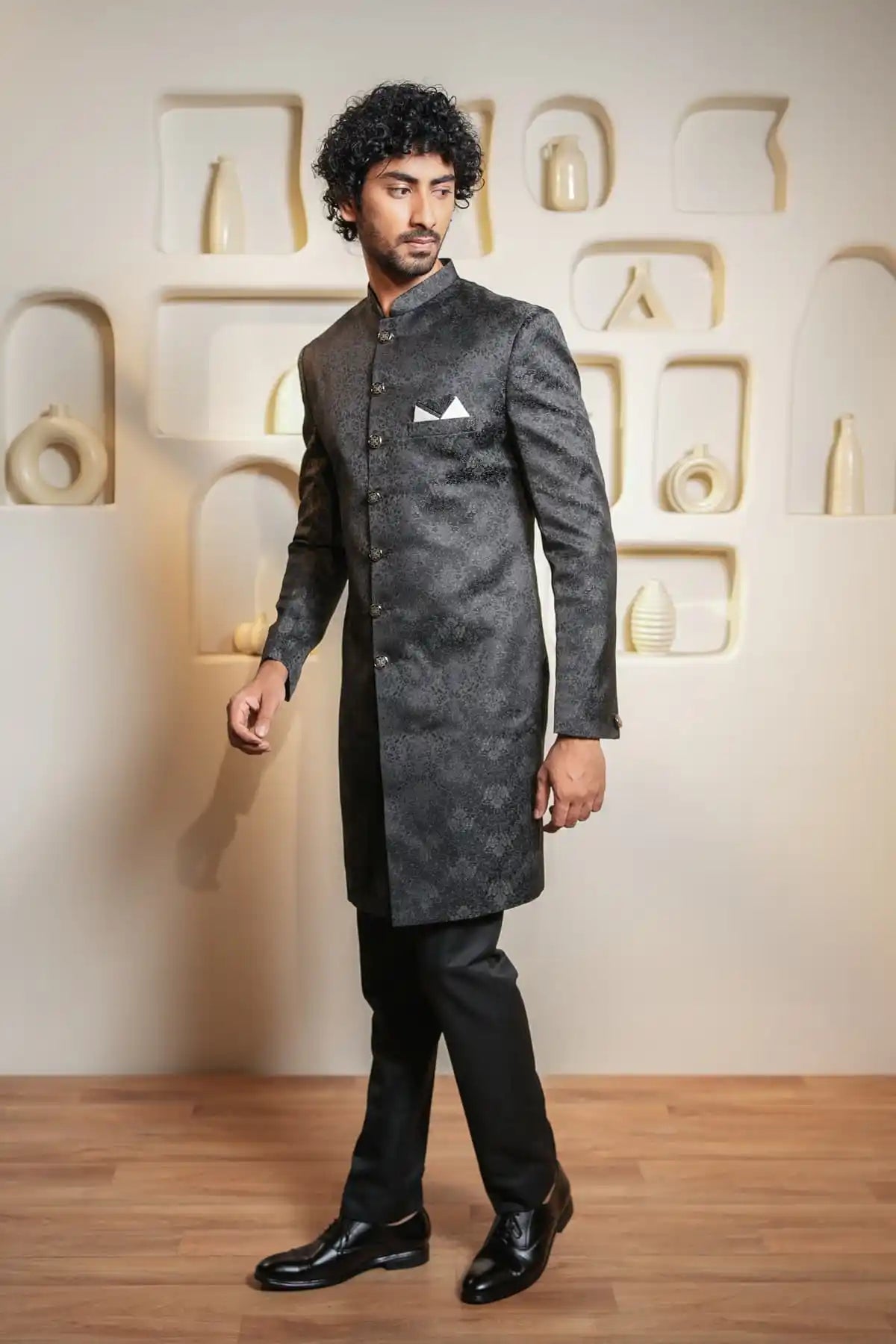 Black Floral Indo-Western, Designer Jacquard Indo-Western - Kavarsa