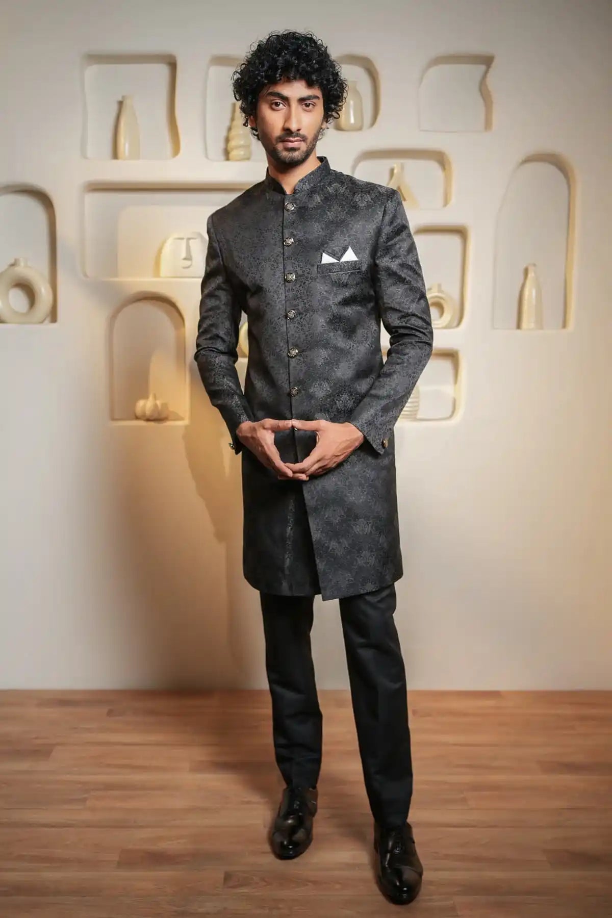 Black Floral Indo-Western, Designer Jacquard Indo-Western - Kavarsa