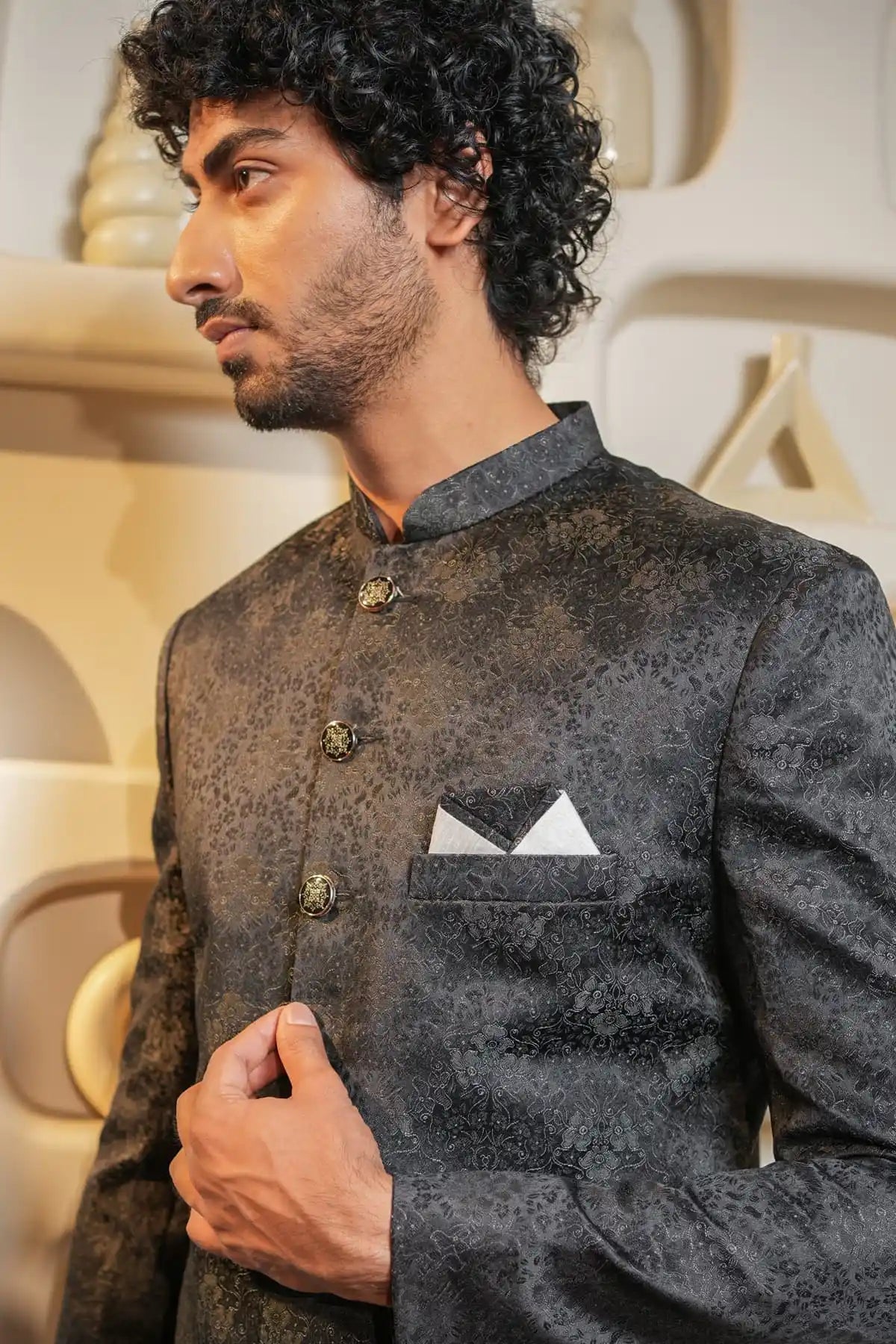 Black Floral Indo-Western, Designer Jacquard Indo-Western - Kavarsa