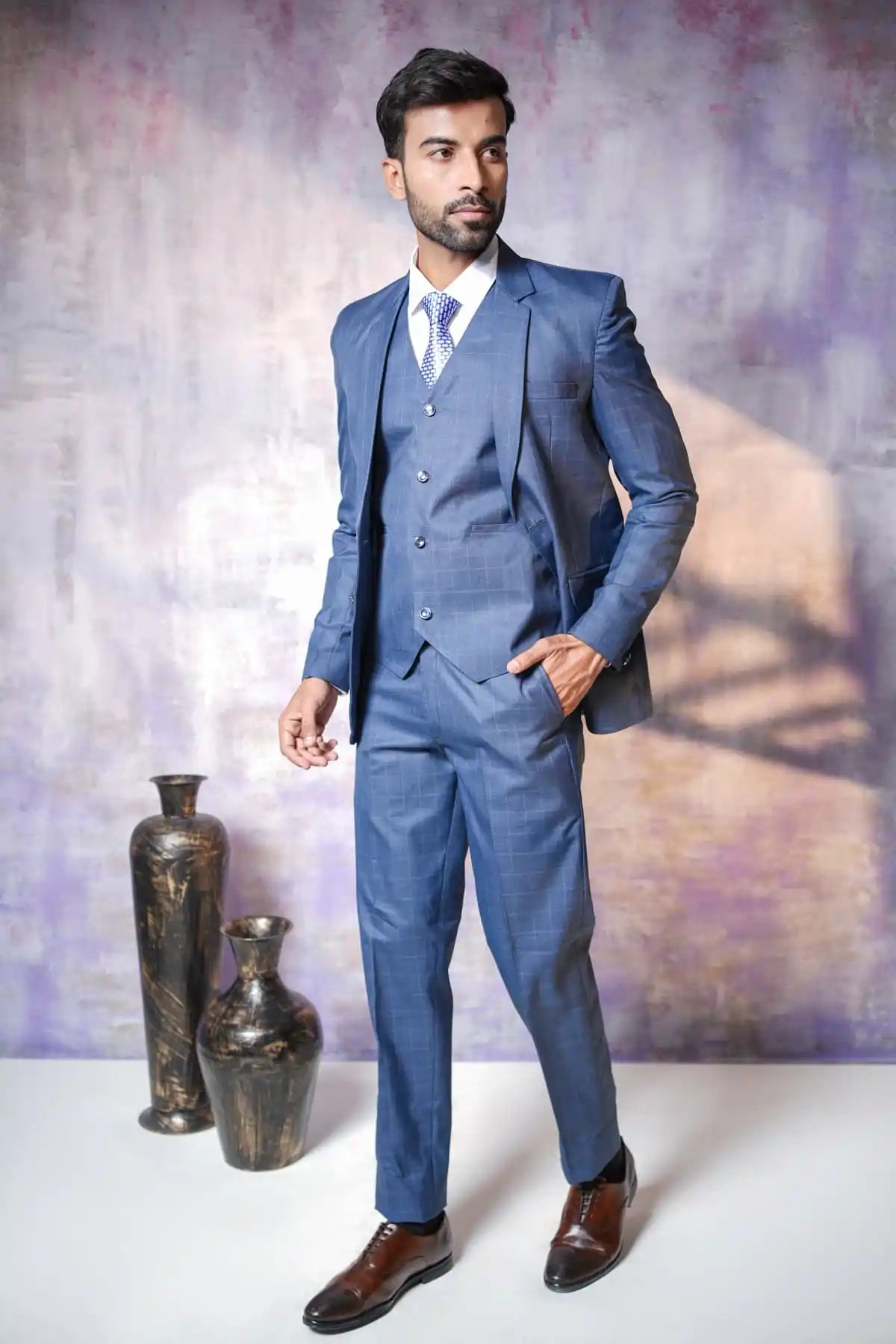 Blue Checked Three-Piece Suit, 3-PC Suit - Kavarsa