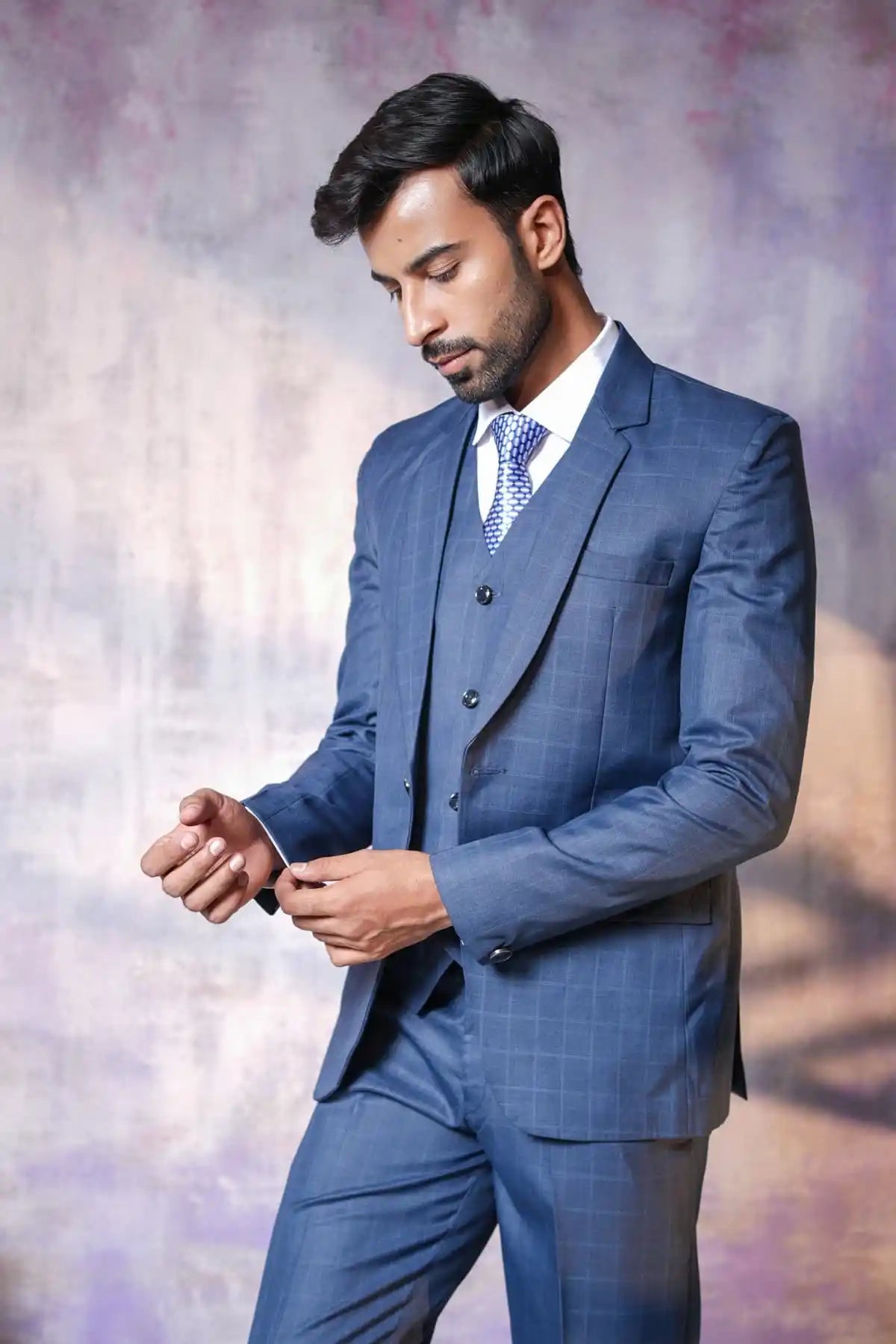 Blue Checked Three-Piece Suit, 3-PC Suit - Kavarsa