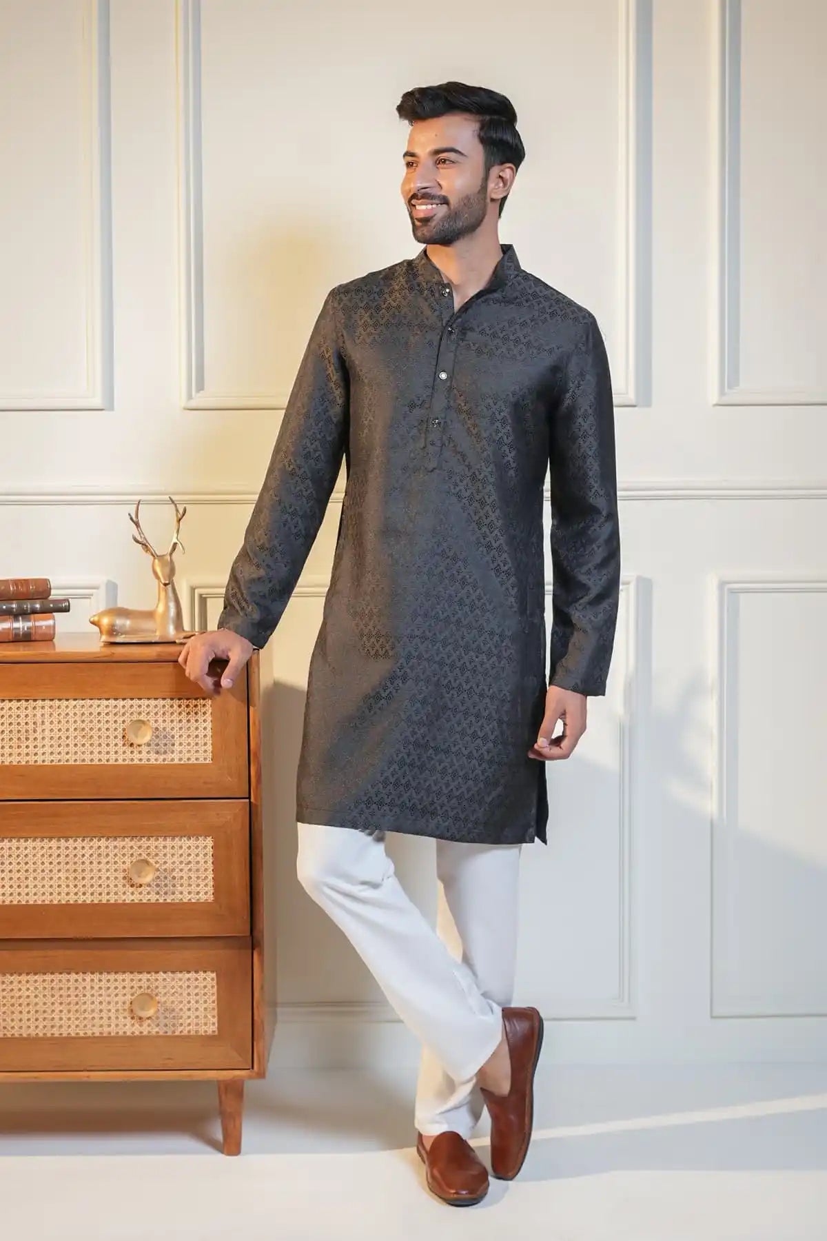 Classic Charcoal Kurta, Designer Jacquard Kurta - Kavarsa