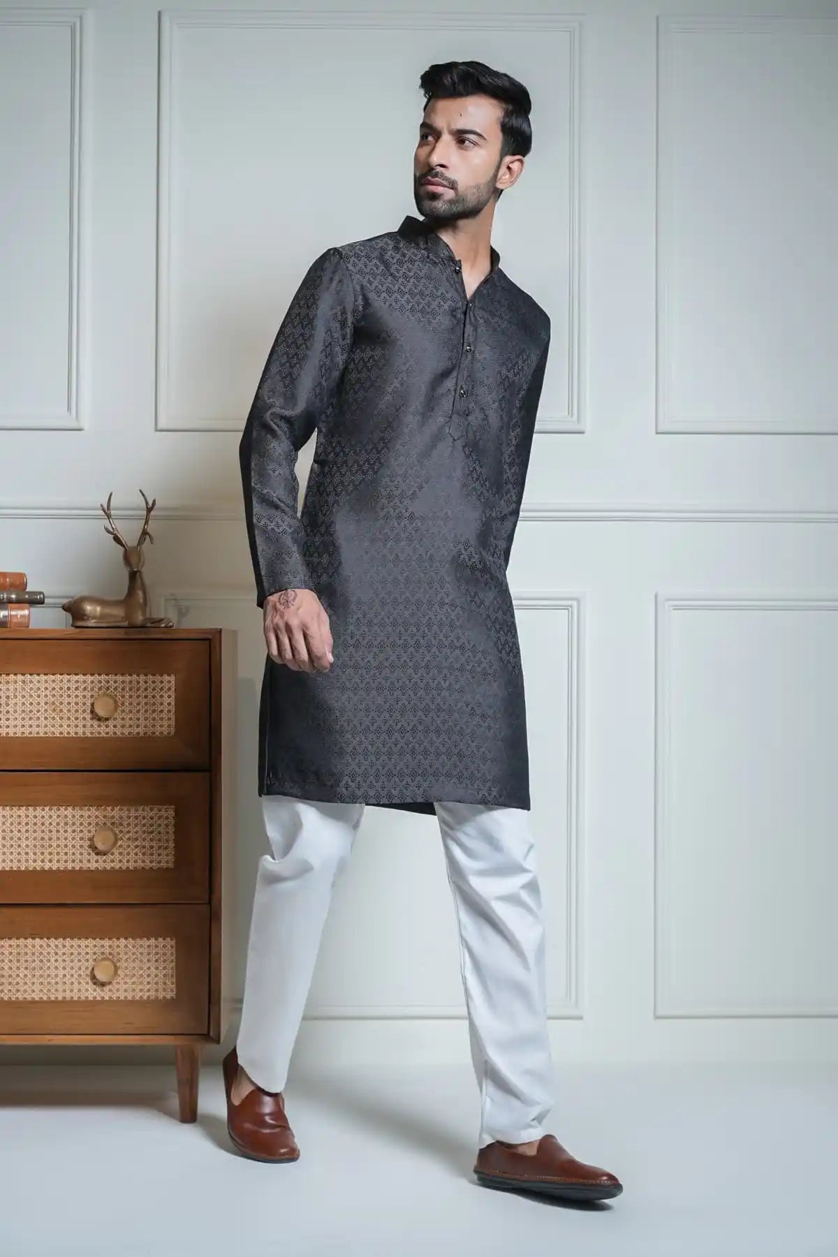 Classic Charcoal Kurta, Designer Jacquard Kurta - Kavarsa