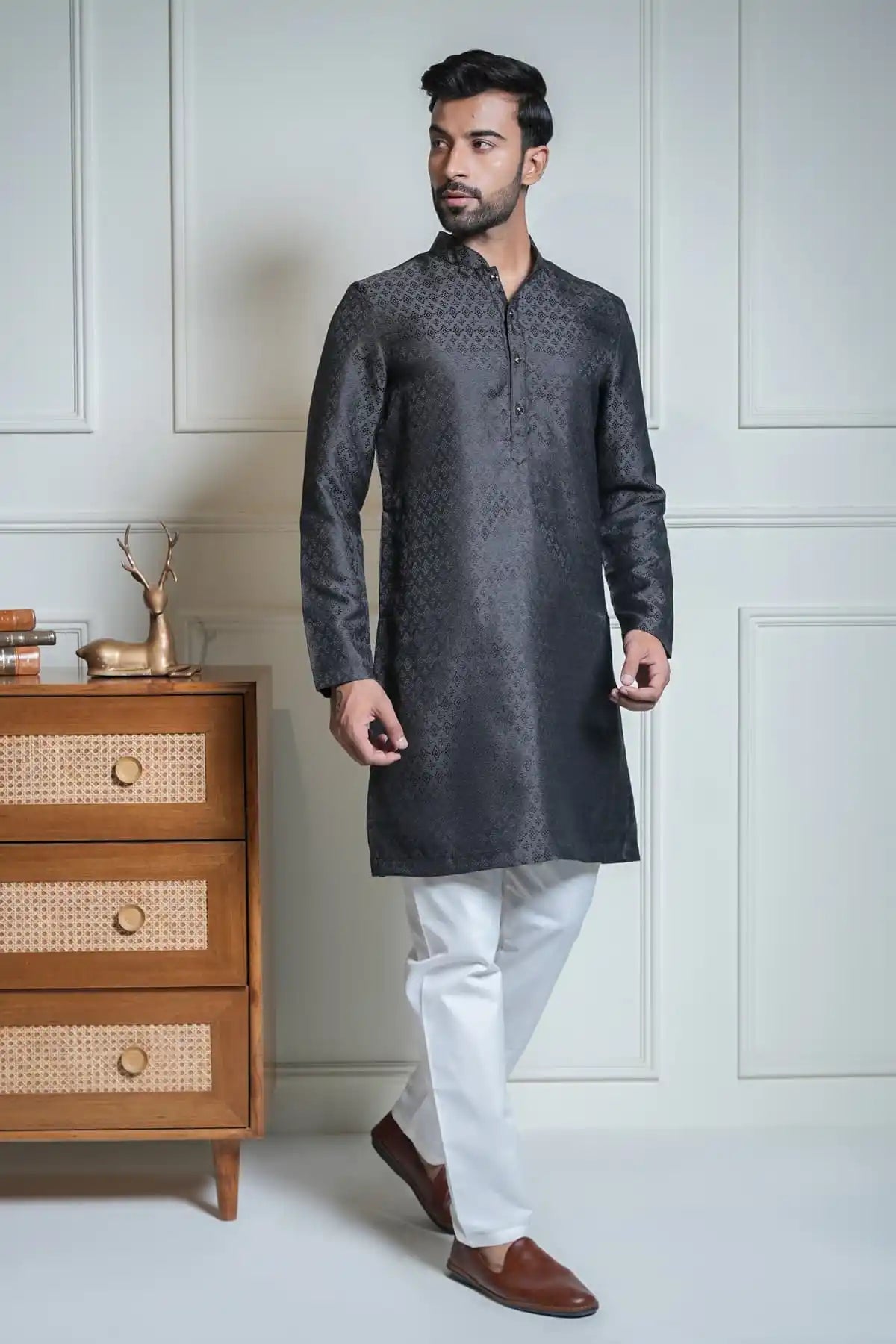 Classic Charcoal Kurta, Designer Jacquard Kurta - Kavarsa