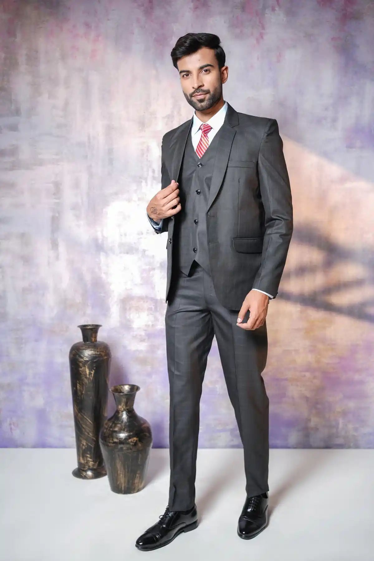 Classic Grey Checked Three-Piece Suit, 3-PC Suit - Main Image
