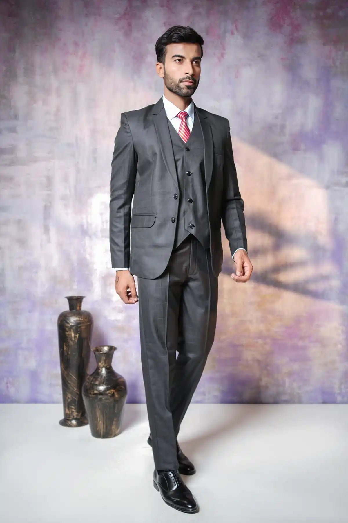Classic Grey Checked Three-Piece Suit, 3-PC Suit - Kavarsa