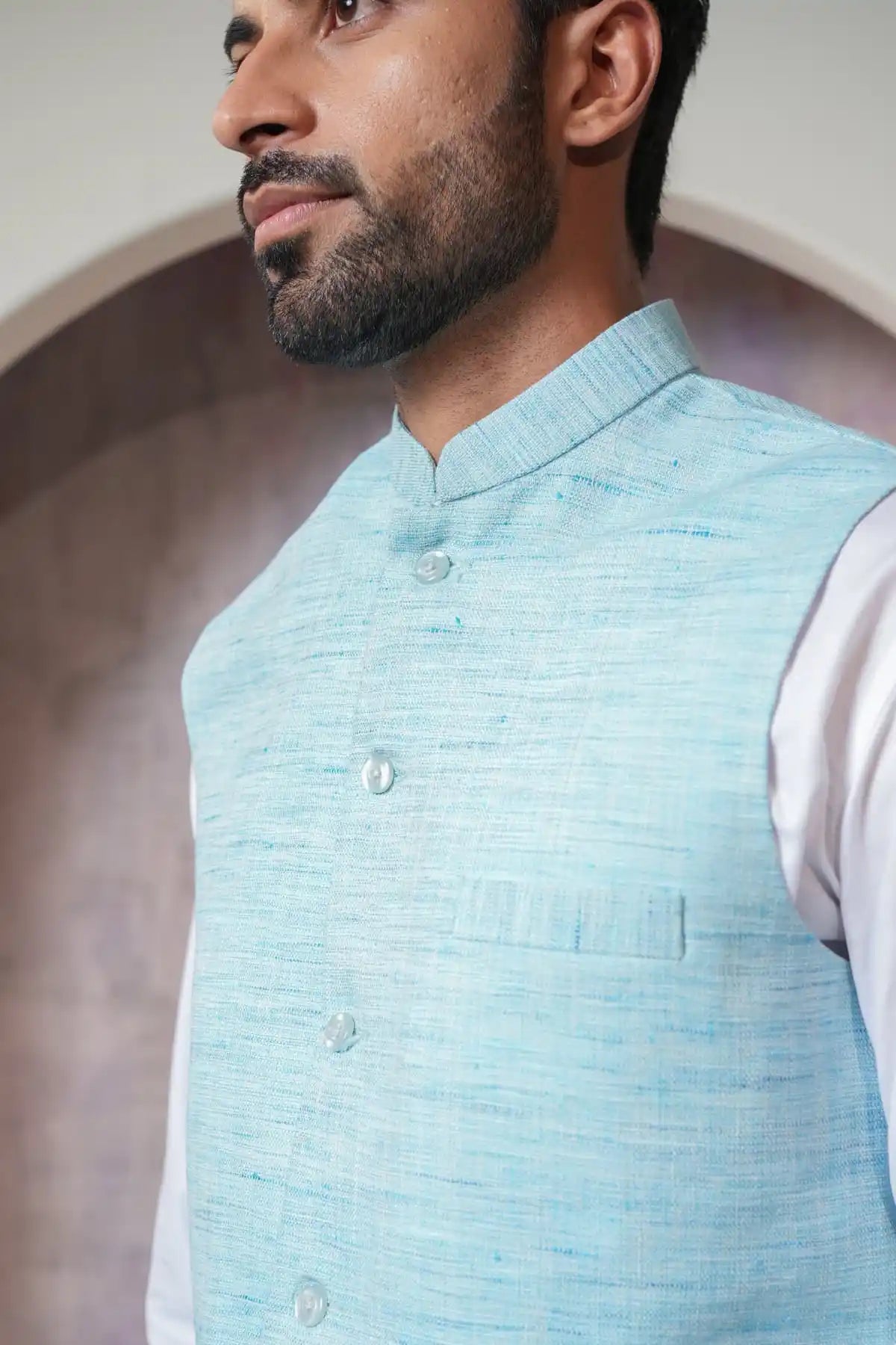 Classic Sky Blue Nehru Jacket, Khadi Nehru Jacket - Kavarsa