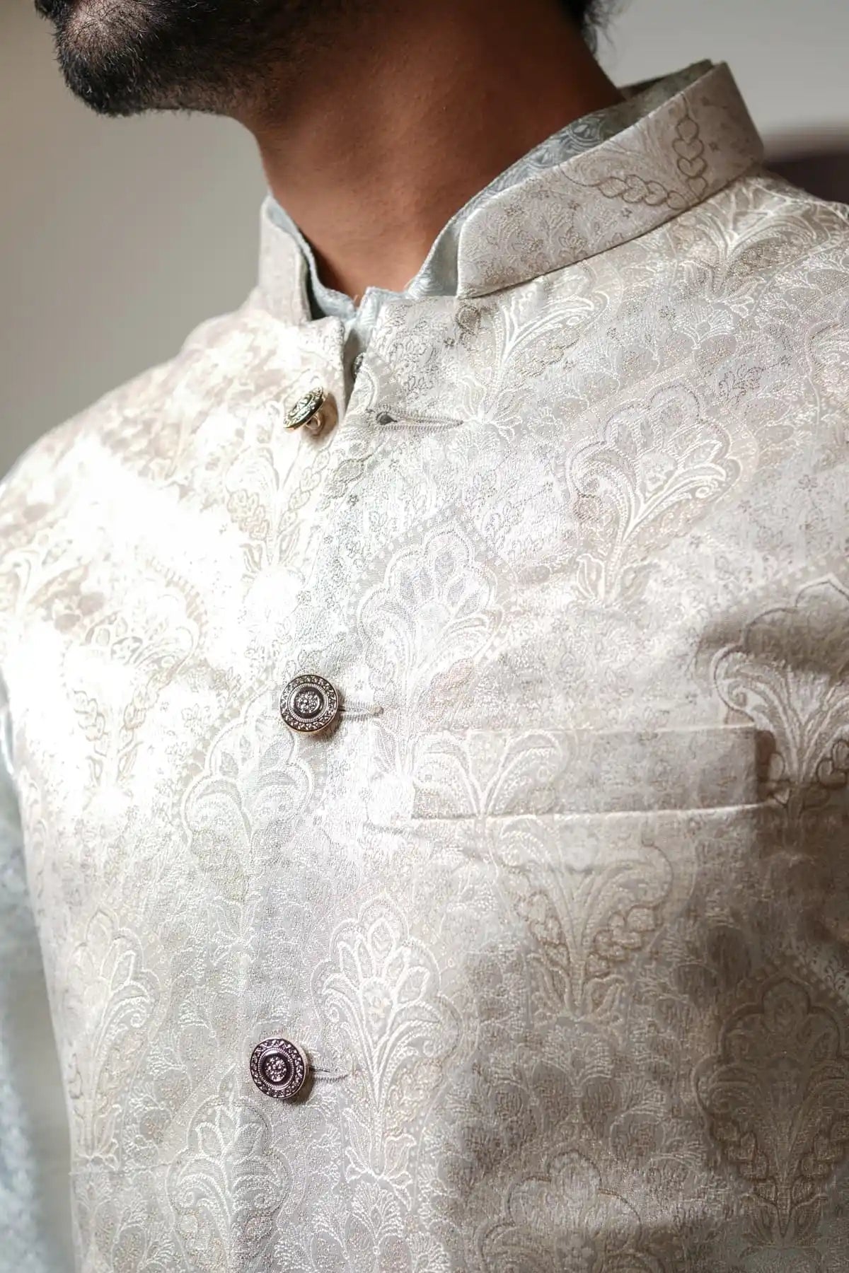 Classic White Nehru Jacket, Designer Jacquard Nehru Jacket - Kavarsa