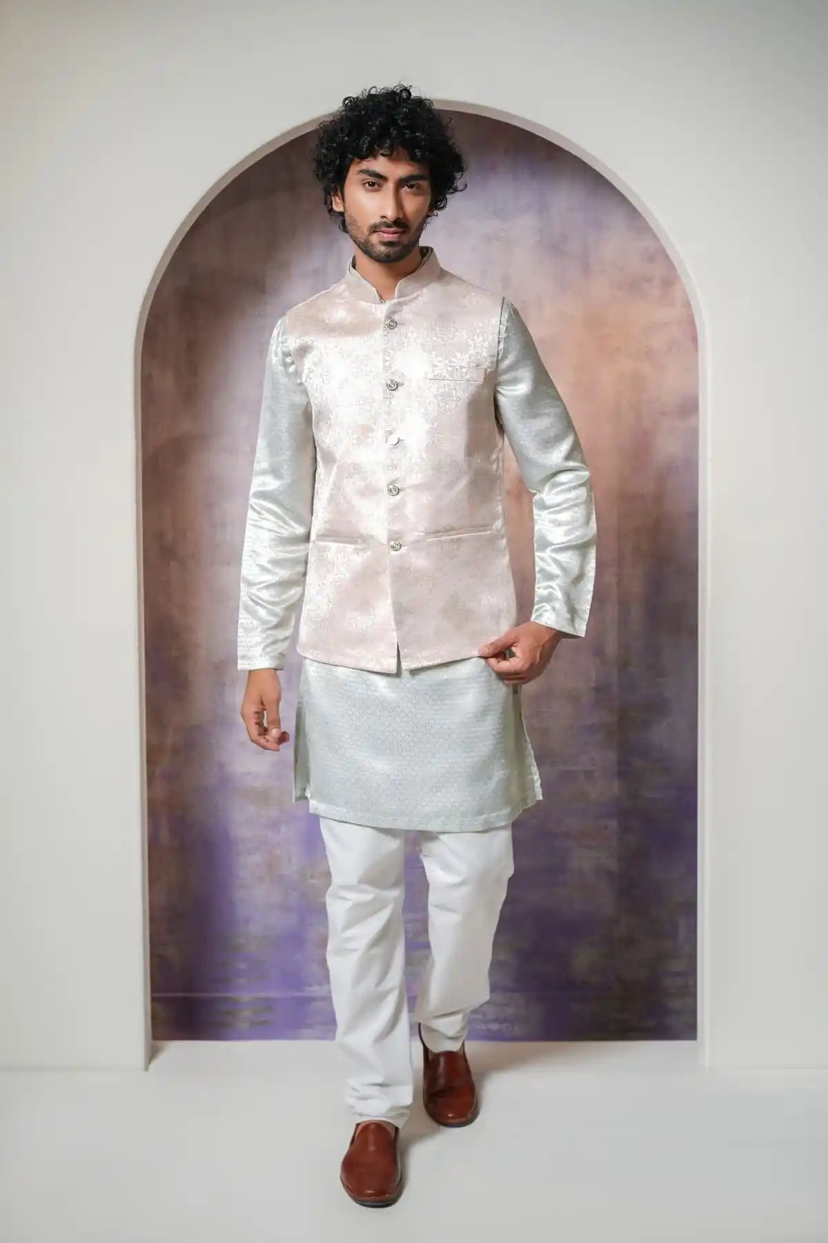 Classic White Nehru Jacket, Designer Jacquard Nehru Jacket - Kavarsa