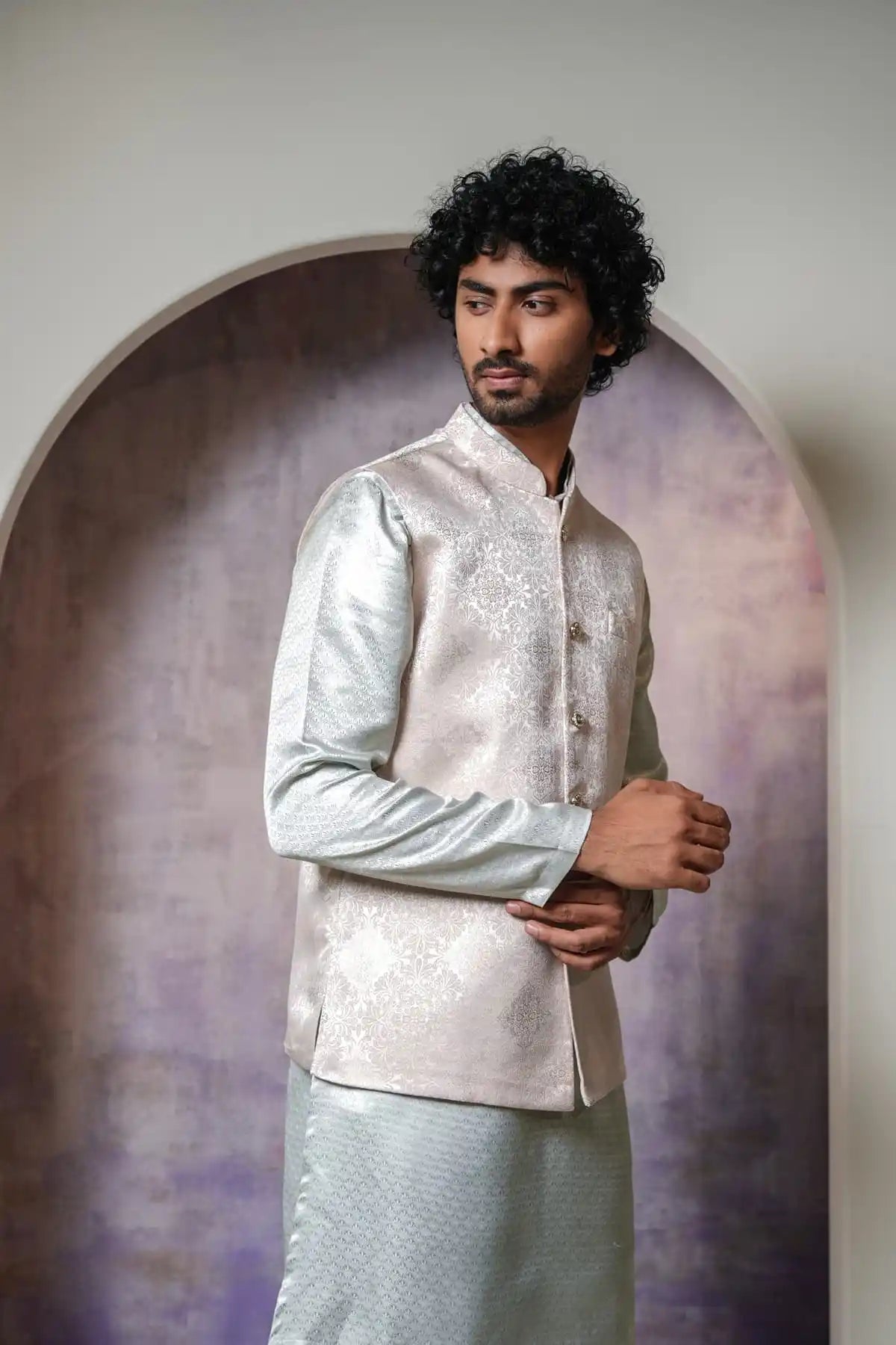 Classic White Nehru Jacket, Designer Jacquard Nehru Jacket - Kavarsa