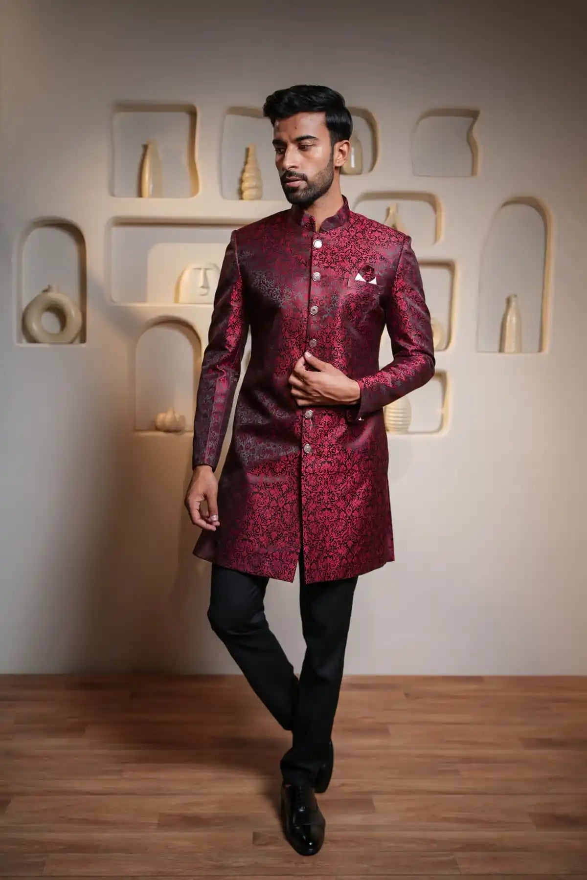 Crimson Elegance Indo-Western, Designer Jacquard Indo-Western - Kavarsa