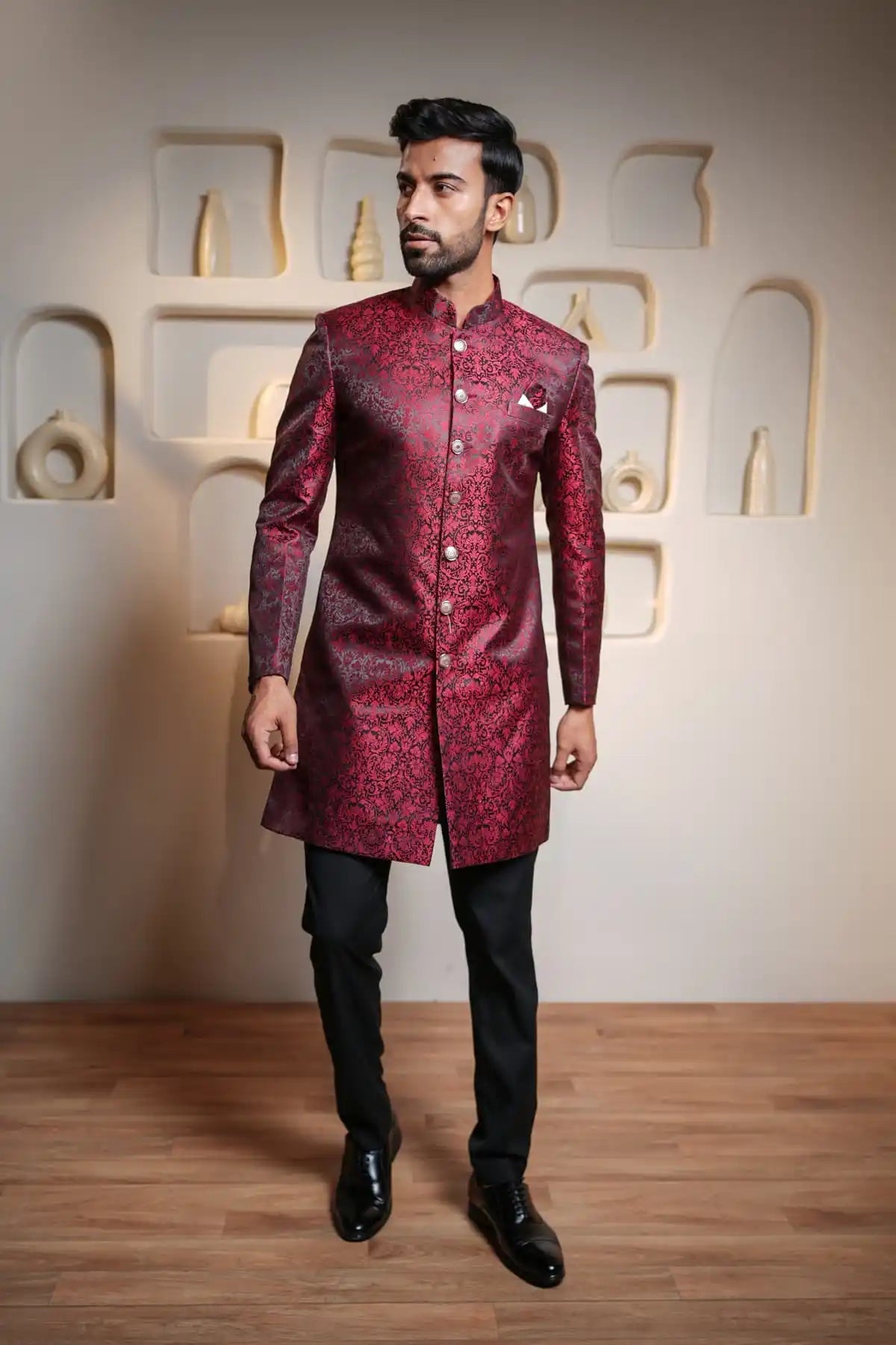 Crimson Elegance Indo-Western, Designer Jacquard Indo-Western - Kavarsa