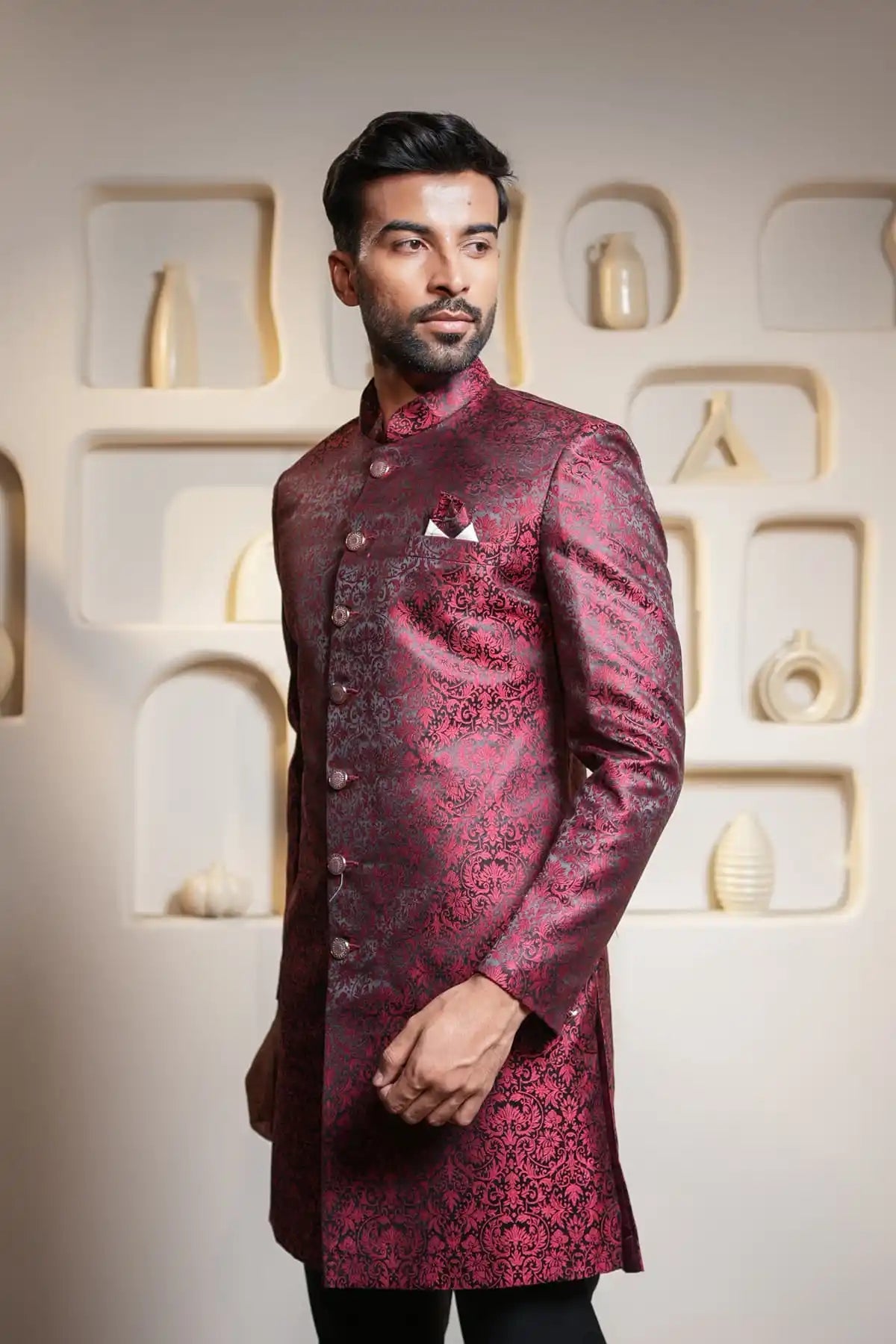 Crimson Elegance Indo-Western, Designer Jacquard Indo-Western - Kavarsa