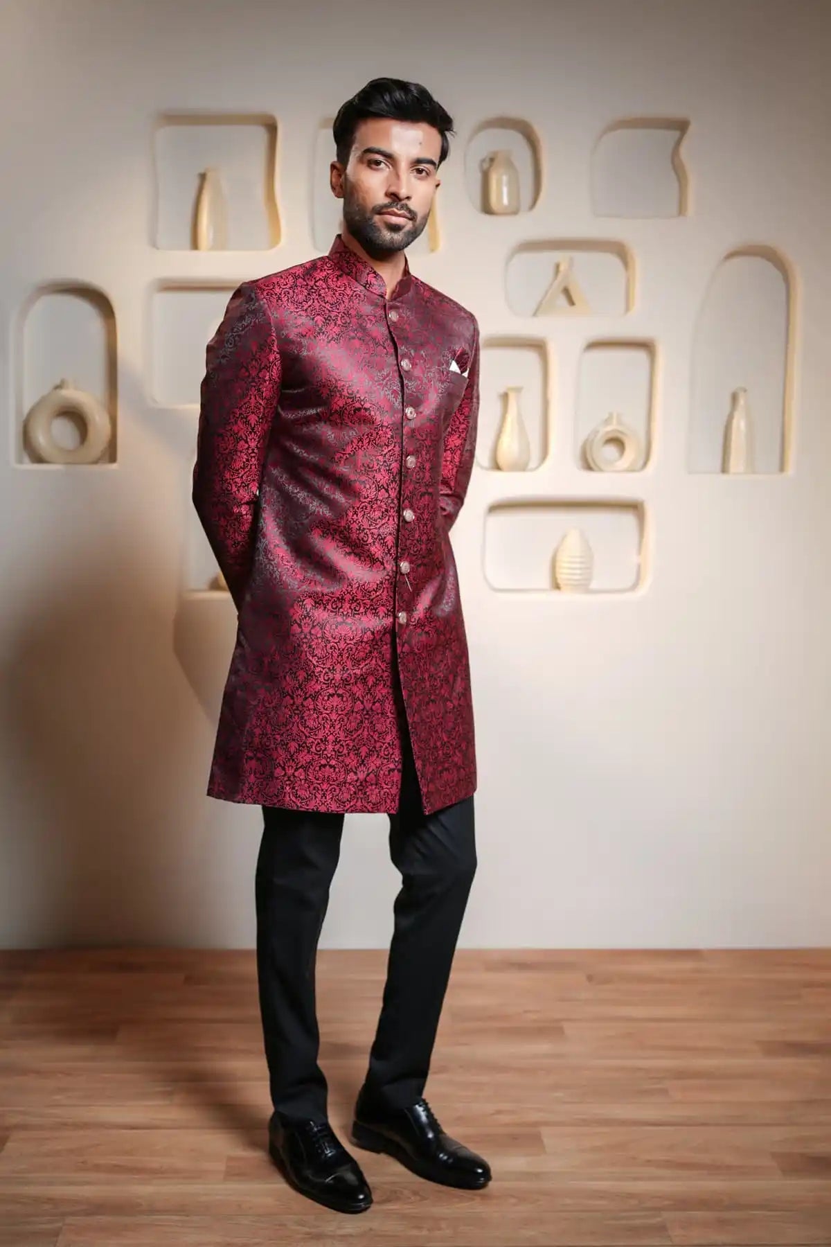 Crimson Elegance Indo-Western, Designer Jacquard Indo-Western - Kavarsa