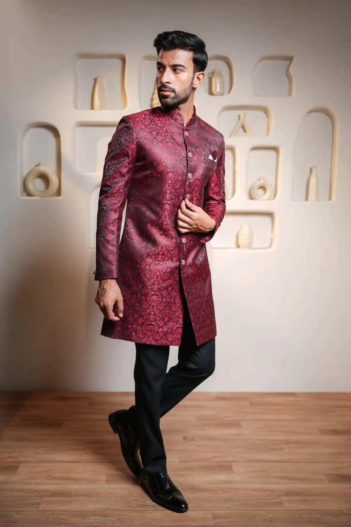 Crimson Elegance Indo-Western, Designer Jacquard Indo-Western - Kavarsa