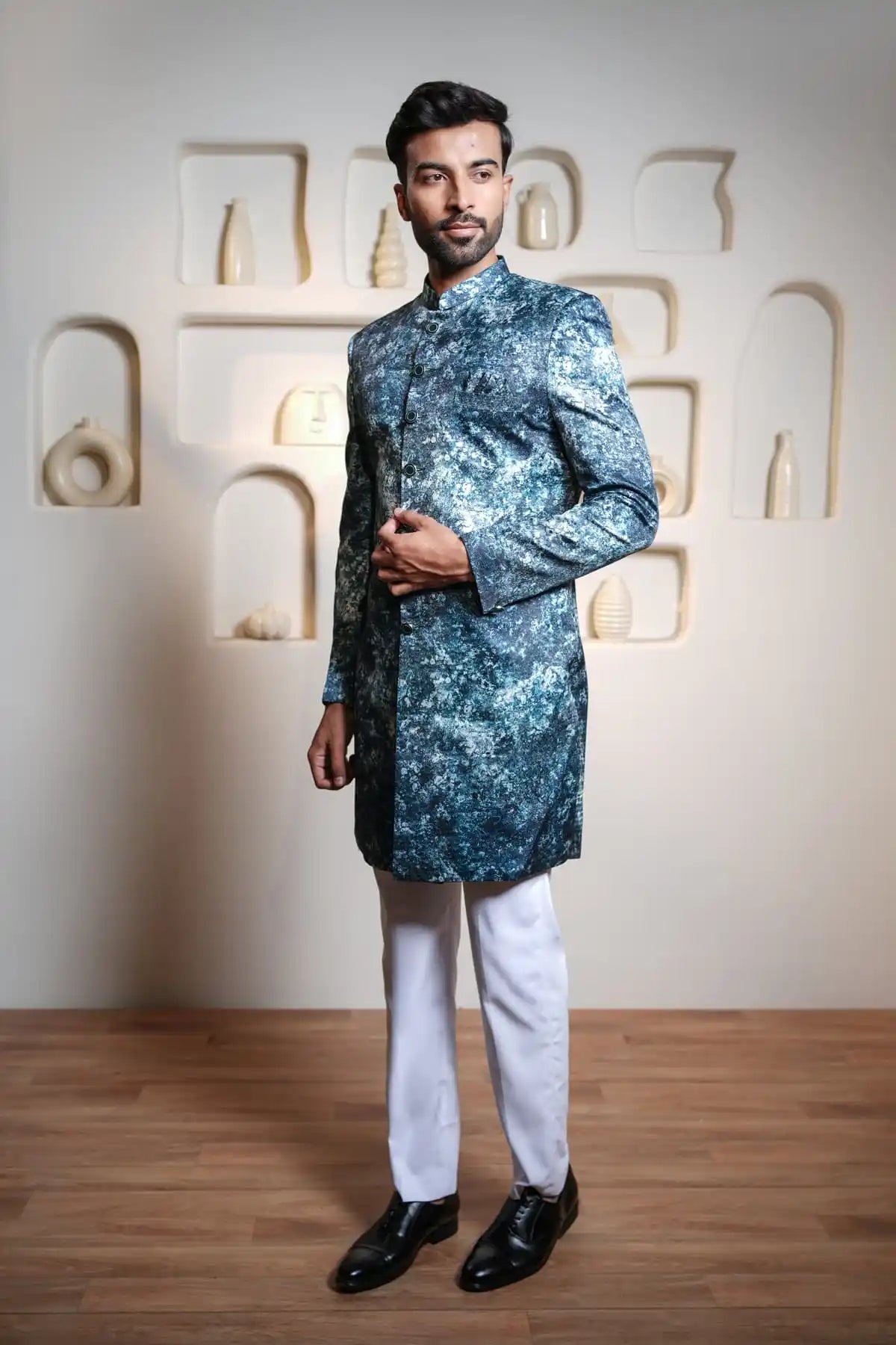 Dark Blue And Black Patterned Indo-Western Sherwani, Digital Indo-Western - Kavarsa