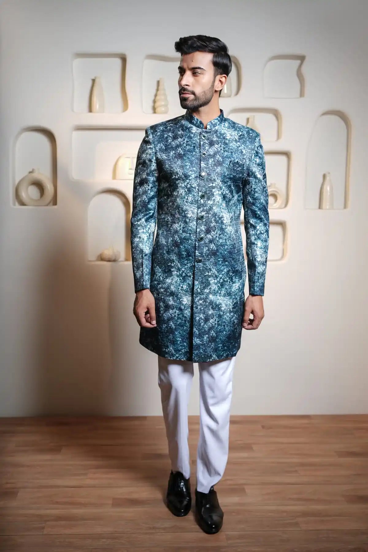 Dark Blue And Black Patterned Indo-Western Sherwani, Digital Indo-Western - Kavarsa