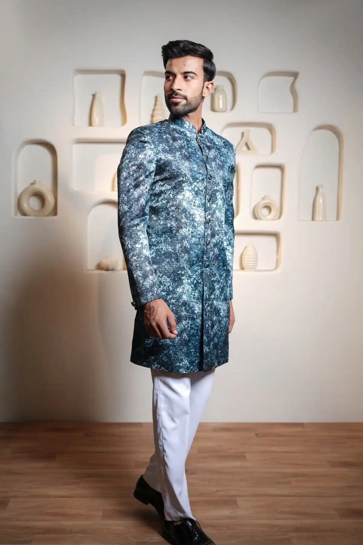 Dark Blue And Black Patterned Indo-Western Sherwani, Digital Indo-Western - Kavarsa