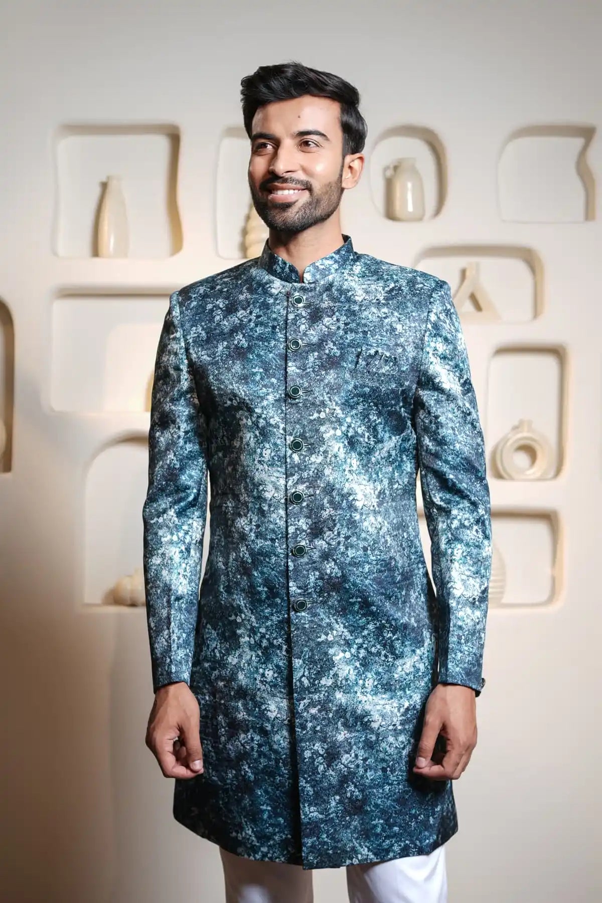 Dark Blue And Black Patterned Indo-Western Sherwani, Digital Indo-Western - Kavarsa