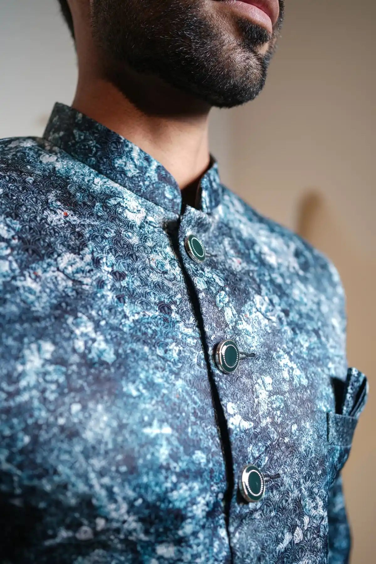 Dark Blue And Black Patterned Indo-Western Sherwani, Digital Indo-Western - Kavarsa