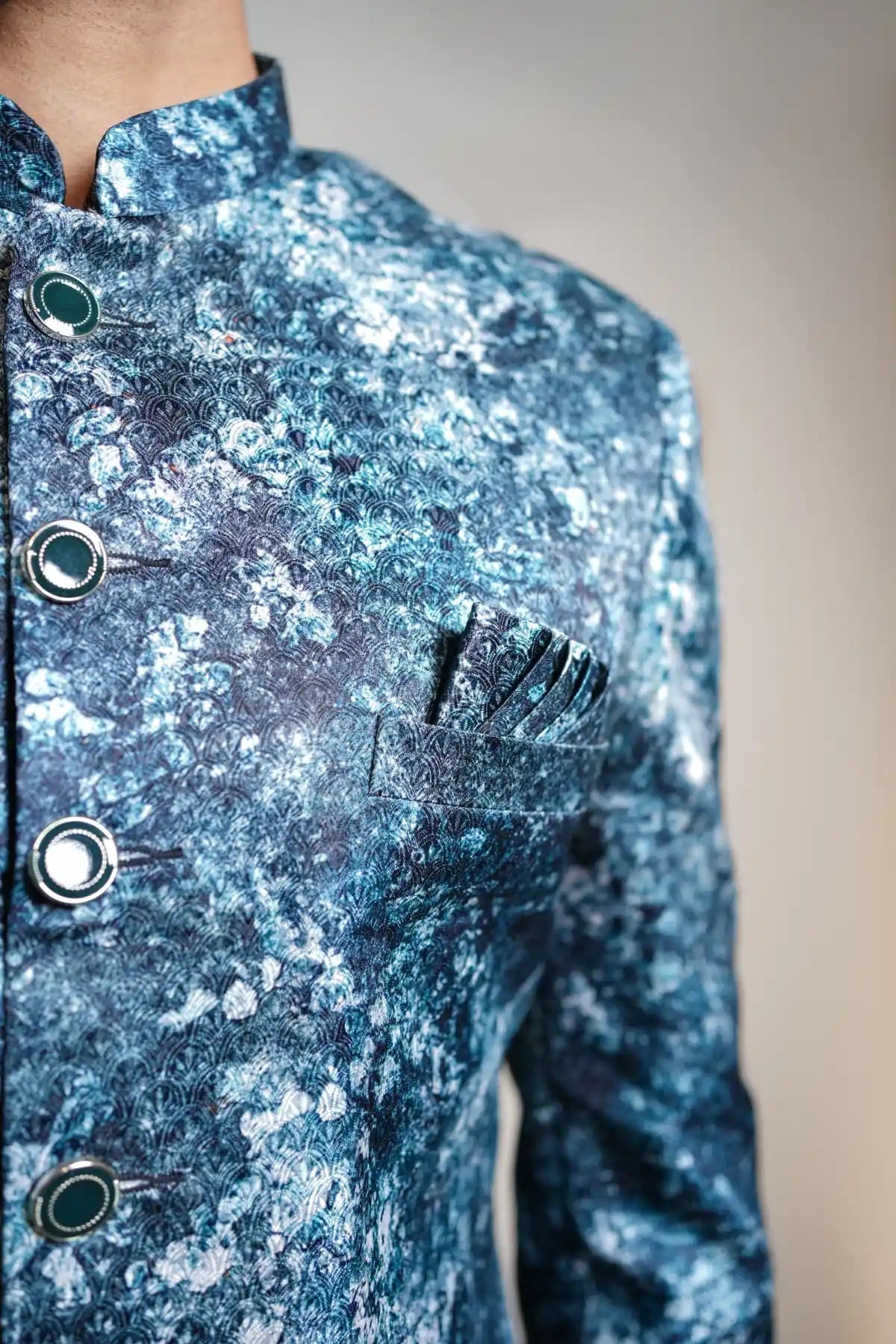 Dark Blue And Black Patterned Indo-Western Sherwani, Digital Indo-Western - Kavarsa