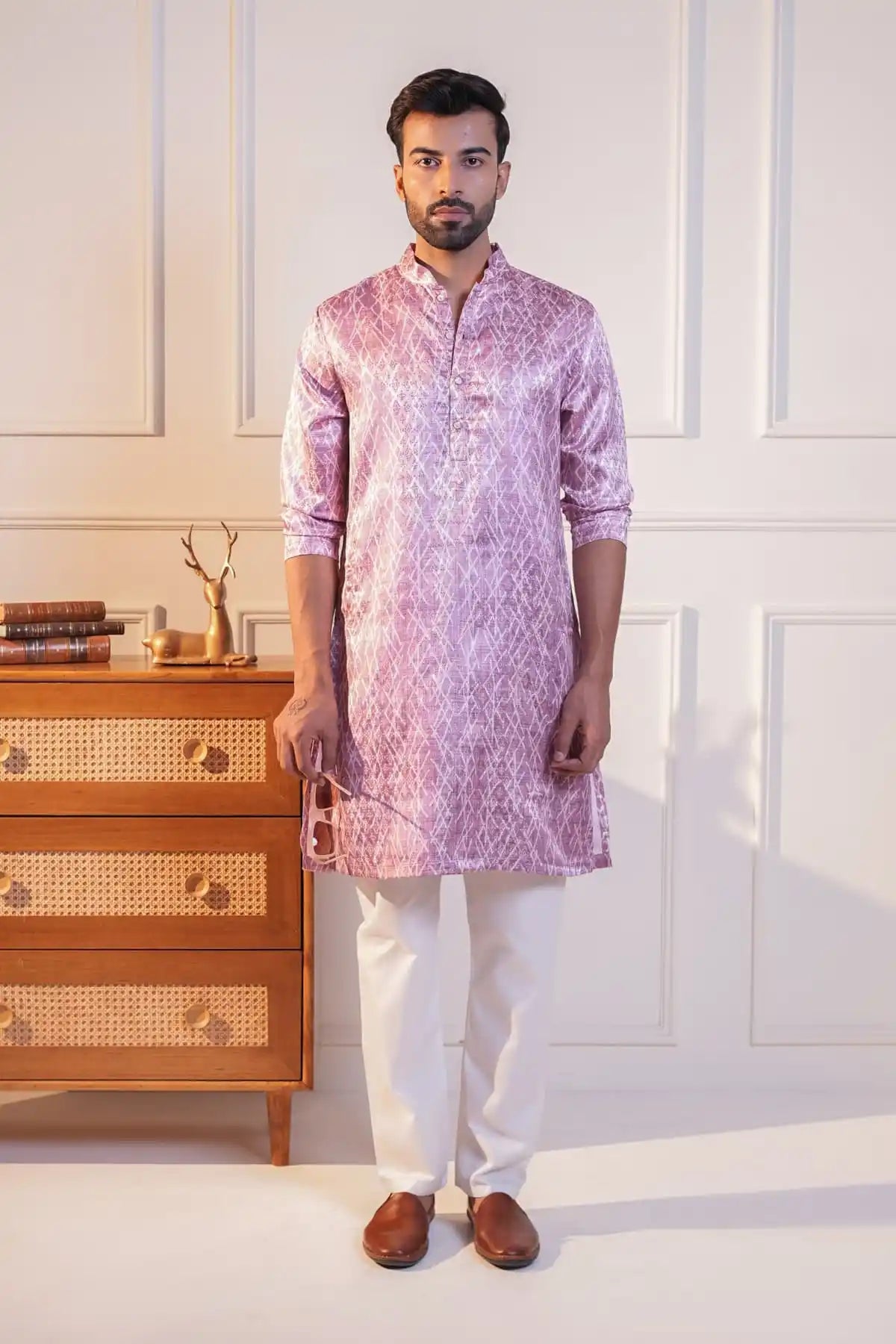 Elegant Mauve Silk Kurta, Printed Jacquard Kurta - Kavarsa