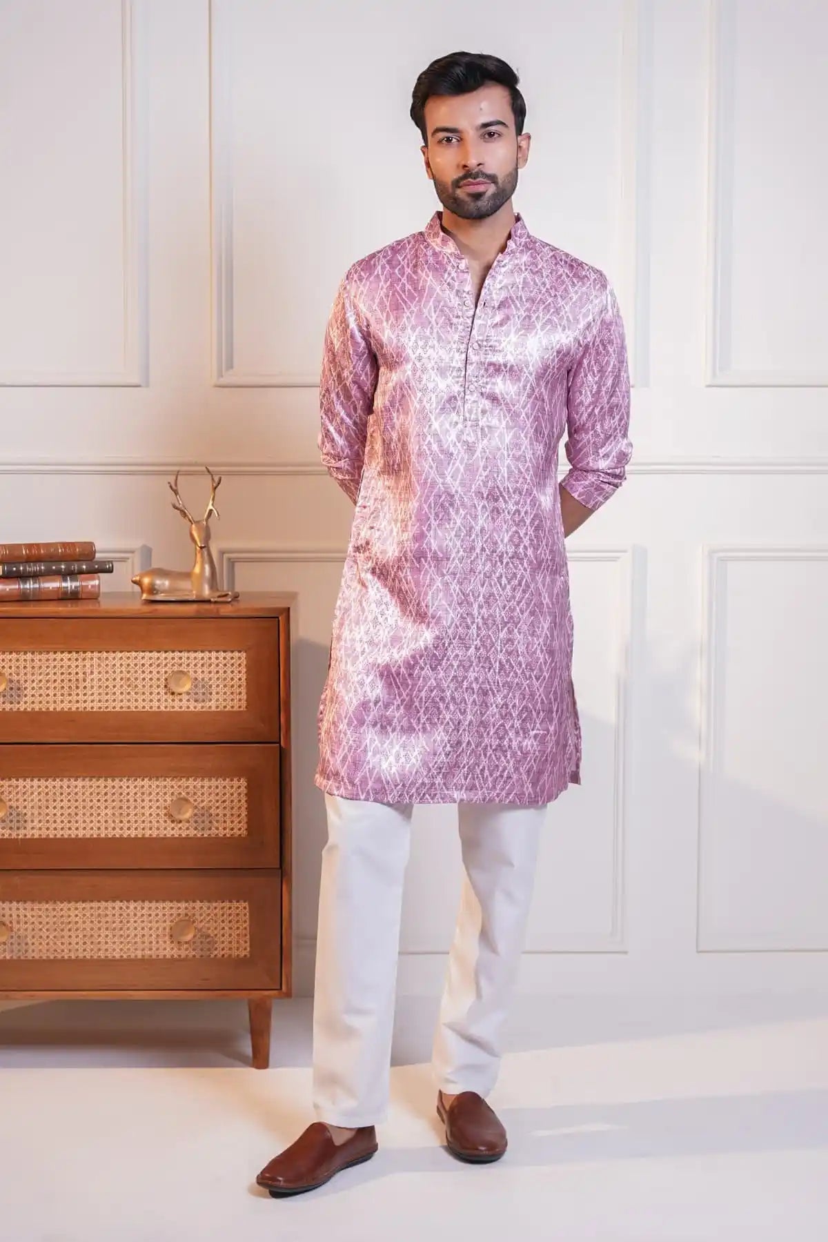 Elegant Mauve Silk Kurta, Printed Jacquard Kurta - Kavarsa