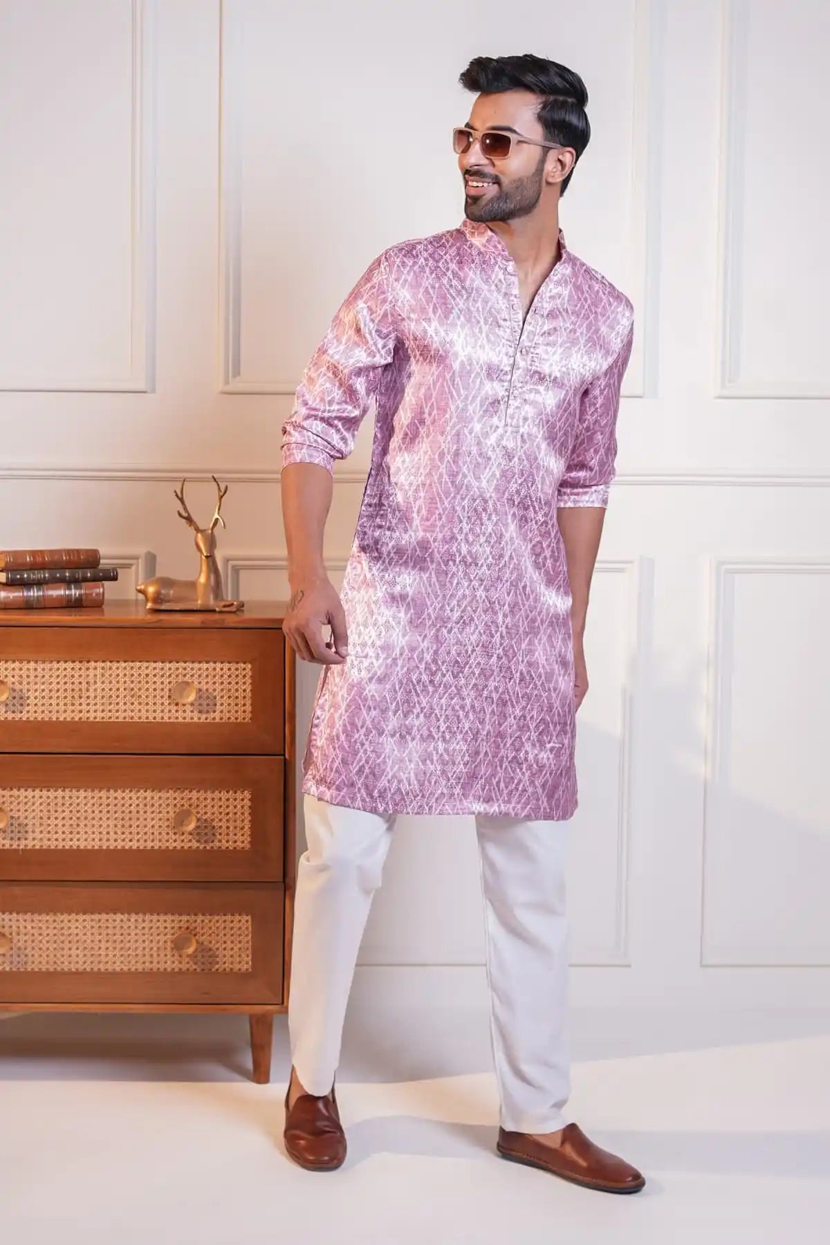 Elegant Mauve Silk Kurta, Printed Jacquard Kurta - Kavarsa