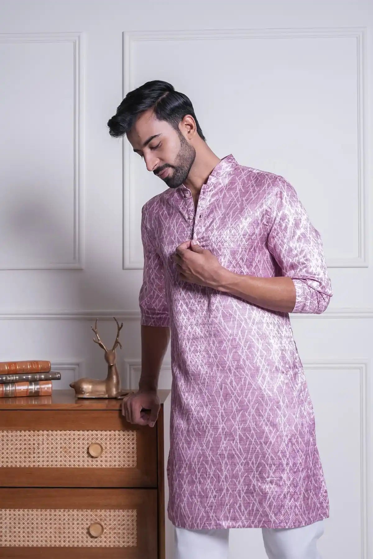 Elegant Mauve Silk Kurta, Printed Jacquard Kurta - Kavarsa