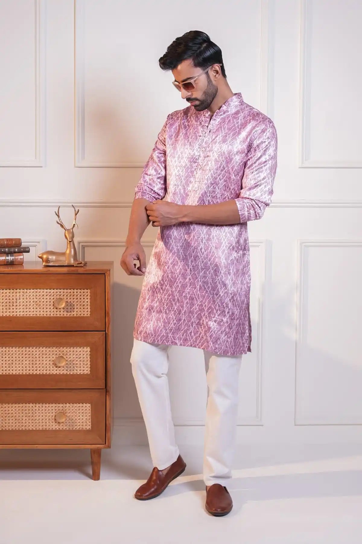 Elegant Mauve Silk Kurta, Printed Jacquard Kurta - Kavarsa
