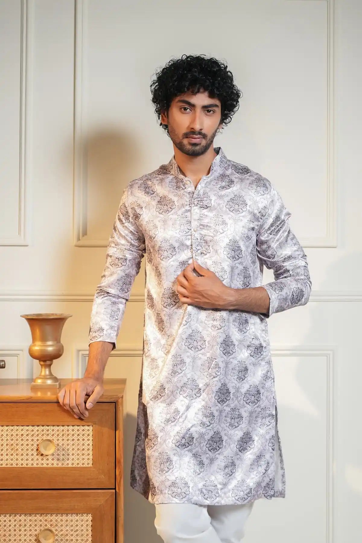 Elegant Silver Brocade Kurta With Intricate Floral Motifs - Kavarsa