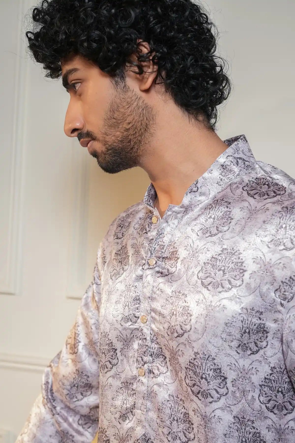 Elegant Silver Brocade Kurta With Intricate Floral Motifs - Kavarsa