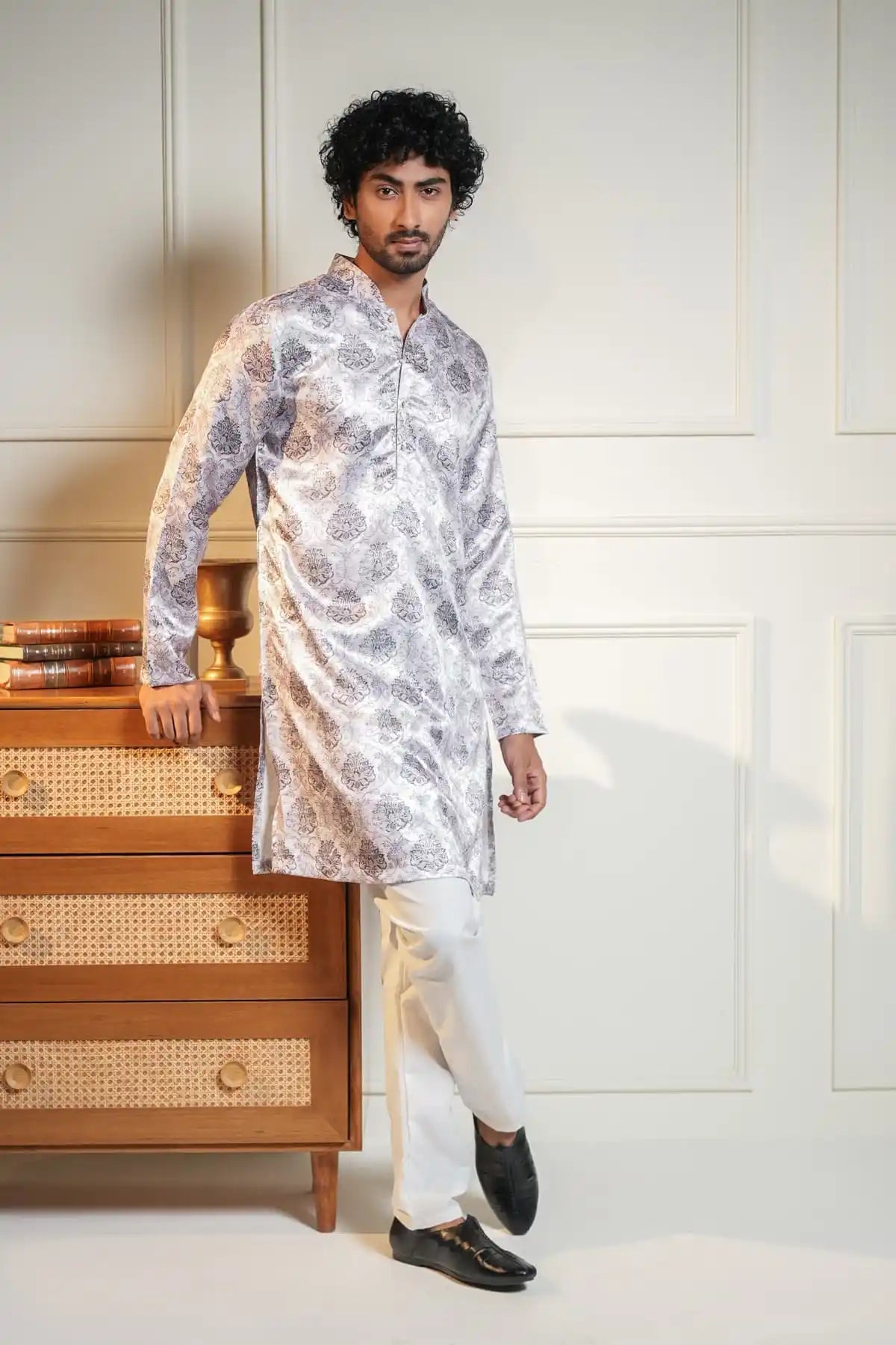 Elegant Silver Brocade Kurta With Intricate Floral Motifs - Kavarsa