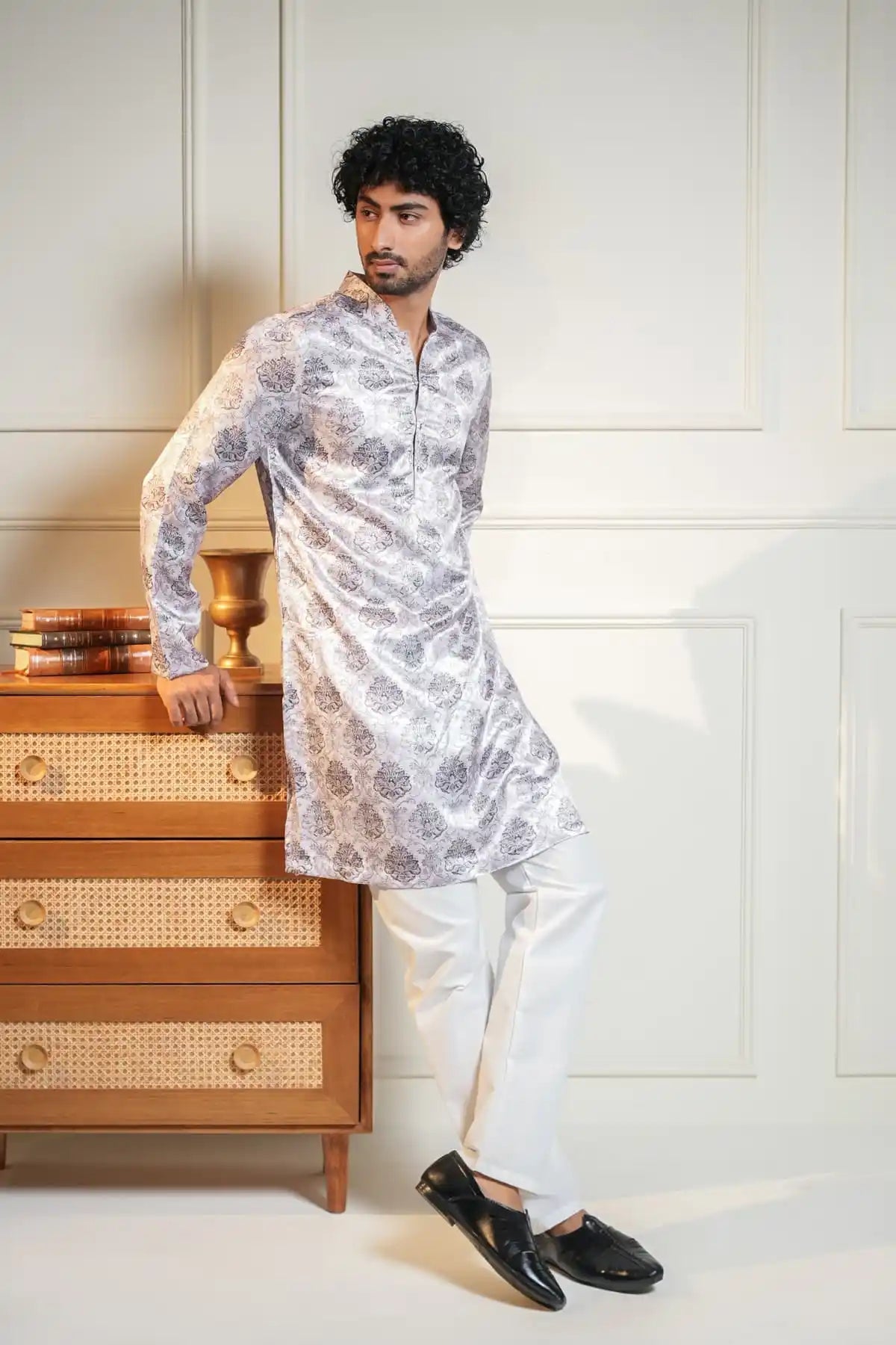 Elegant Silver Brocade Kurta With Intricate Floral Motifs - Kavarsa