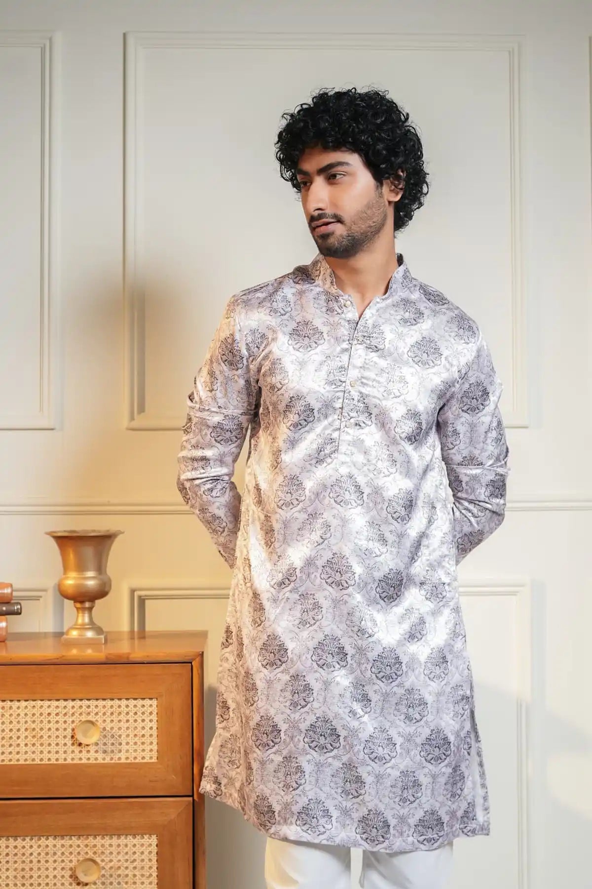 Elegant Silver Brocade Kurta With Intricate Floral Motifs - Kavarsa