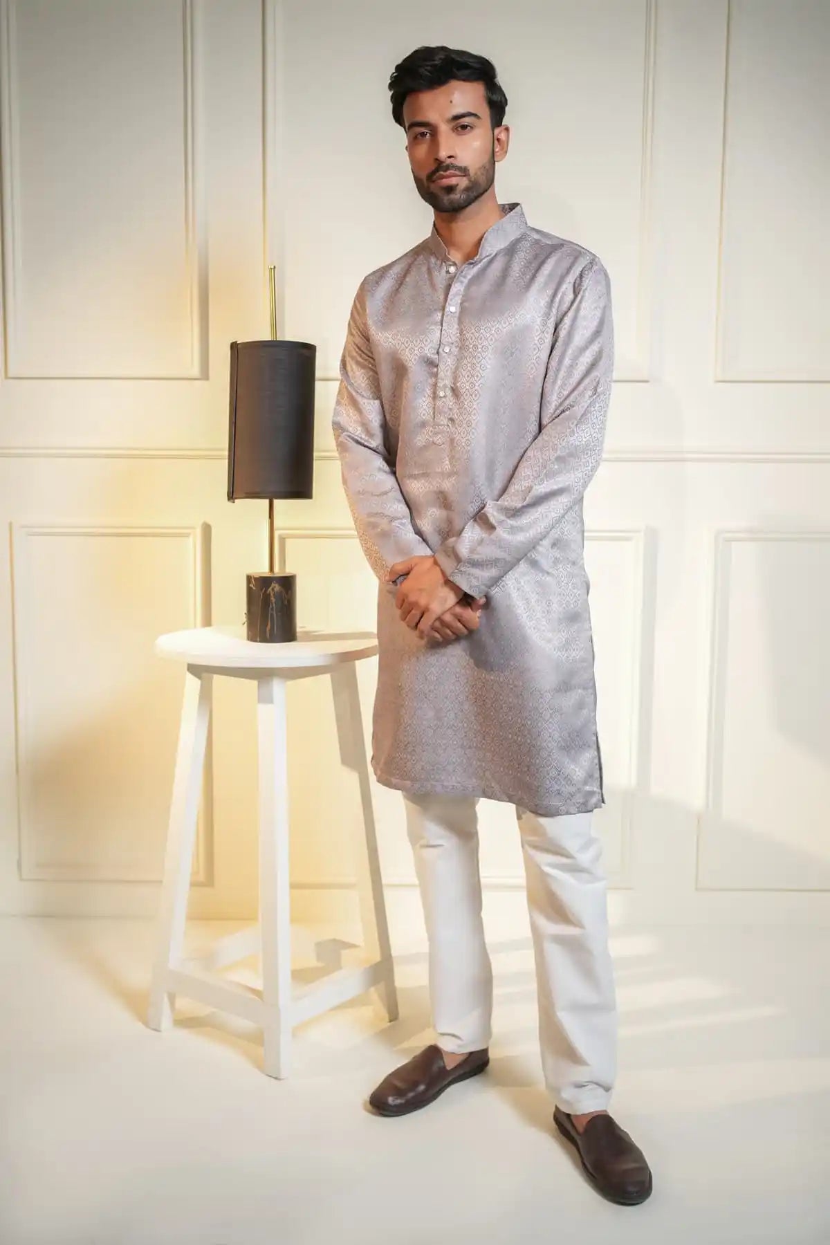Elegant Silver Silk Kurta, Printed Jacquard Kurta - Kavarsa