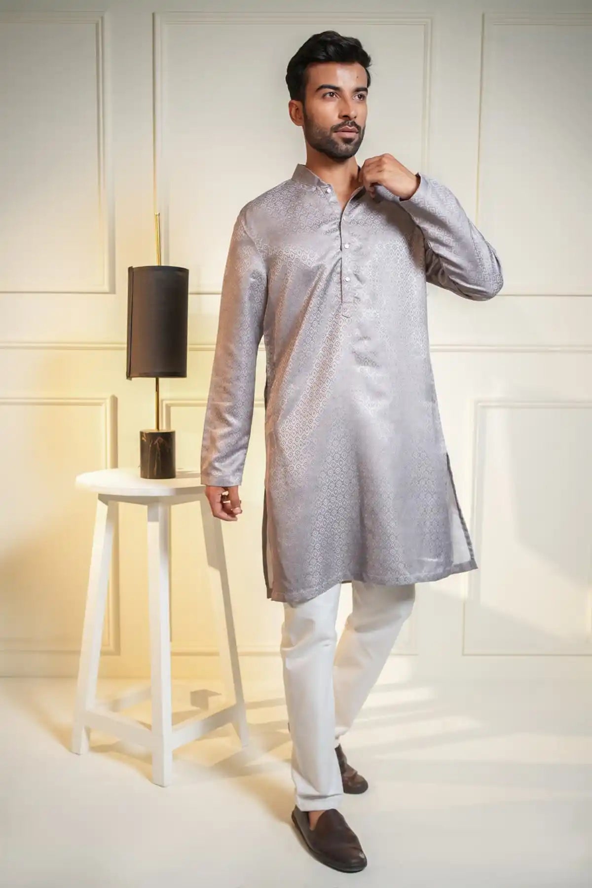Elegant Silver Silk Kurta, Printed Jacquard Kurta - Kavarsa