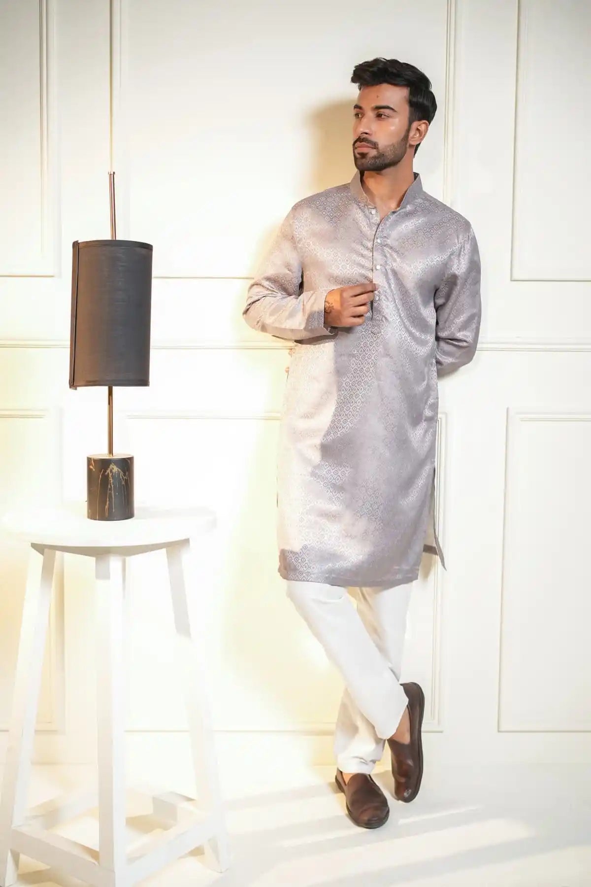 Elegant Silver Silk Kurta, Printed Jacquard Kurta - Kavarsa