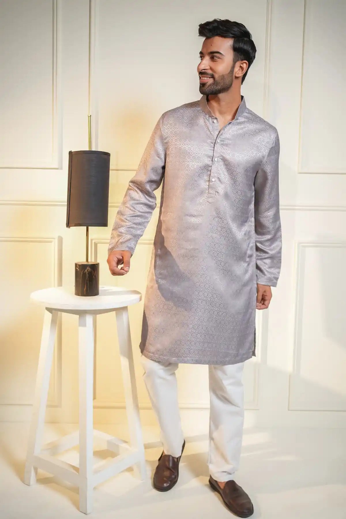 Elegant Silver Silk Kurta, Printed Jacquard Kurta - Kavarsa