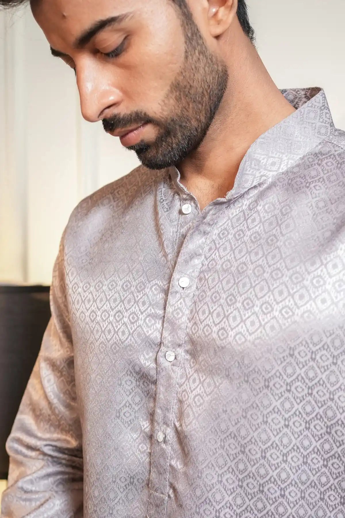 Elegant Silver Silk Kurta, Printed Jacquard Kurta - Kavarsa