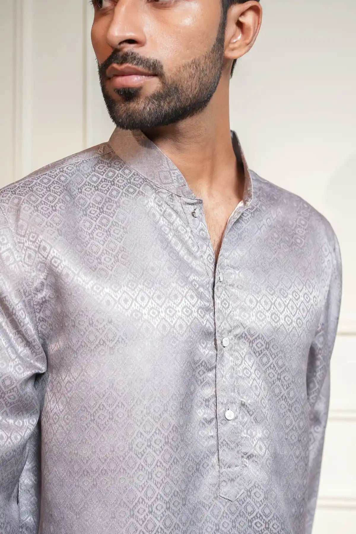 Elegant Silver Silk Kurta, Printed Jacquard Kurta - Kavarsa