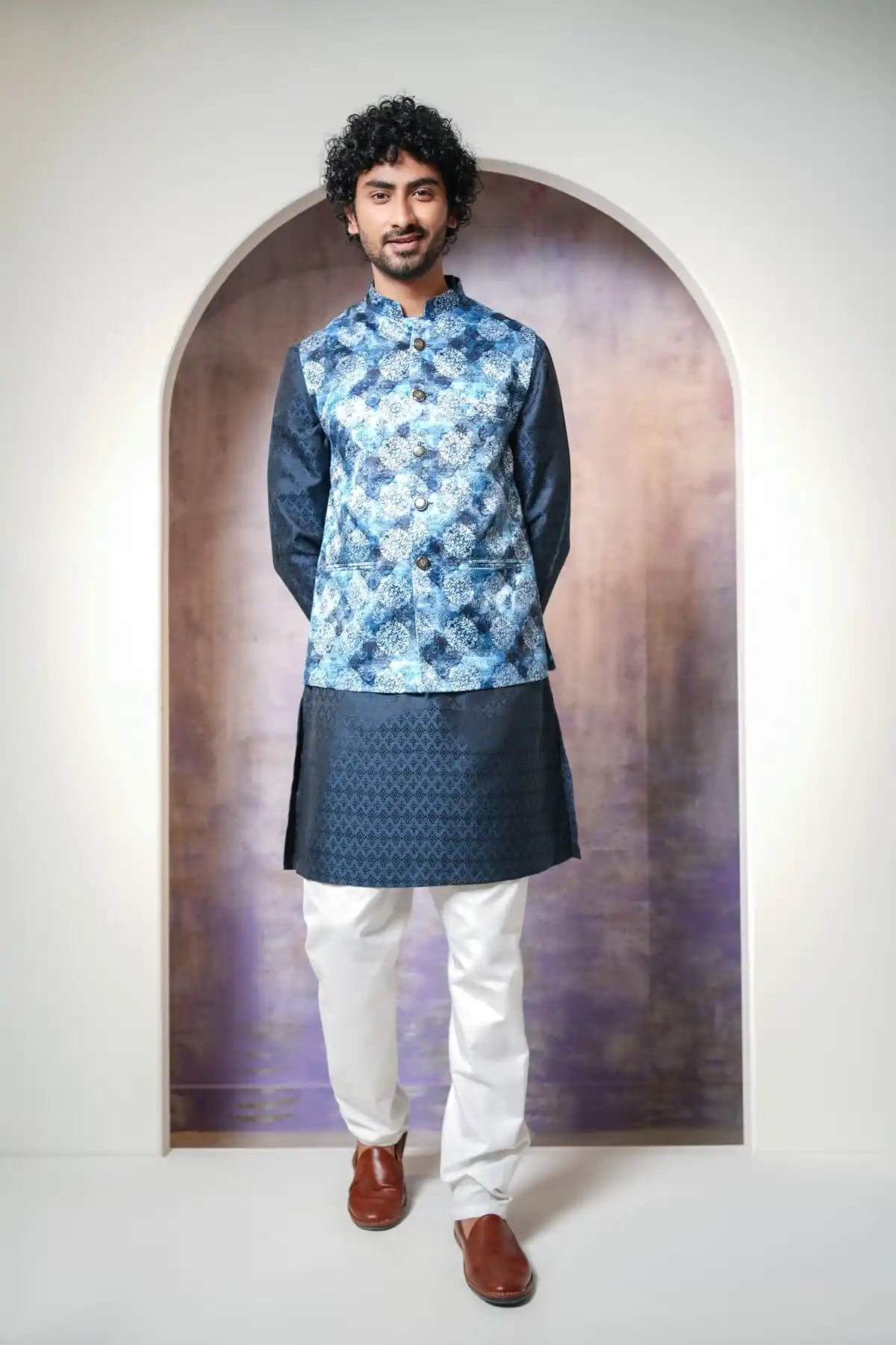 Elegant Slate Gray Nehru Jacket, Digital Print Nehru Jacket - Kavarsa