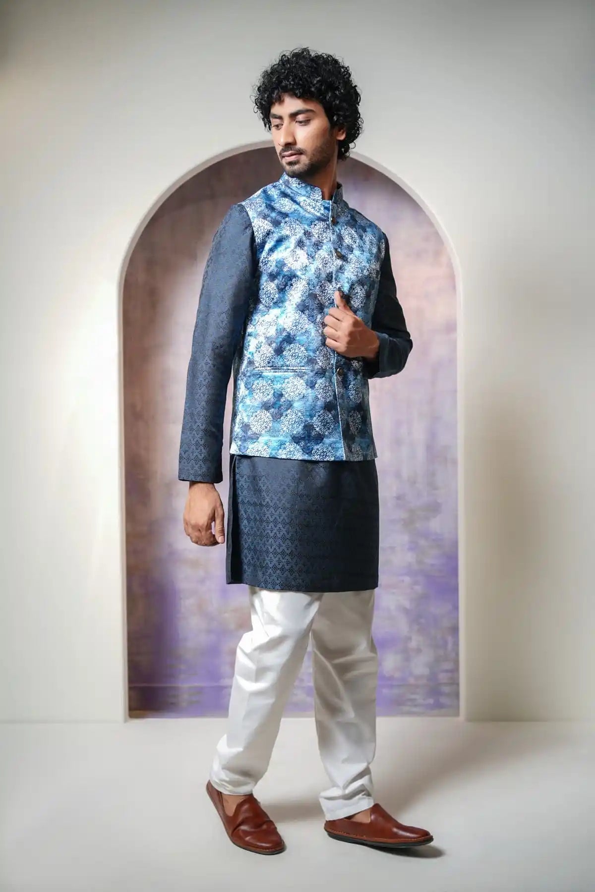 Elegant Slate Gray Nehru Jacket, Digital Print Nehru Jacket - Kavarsa