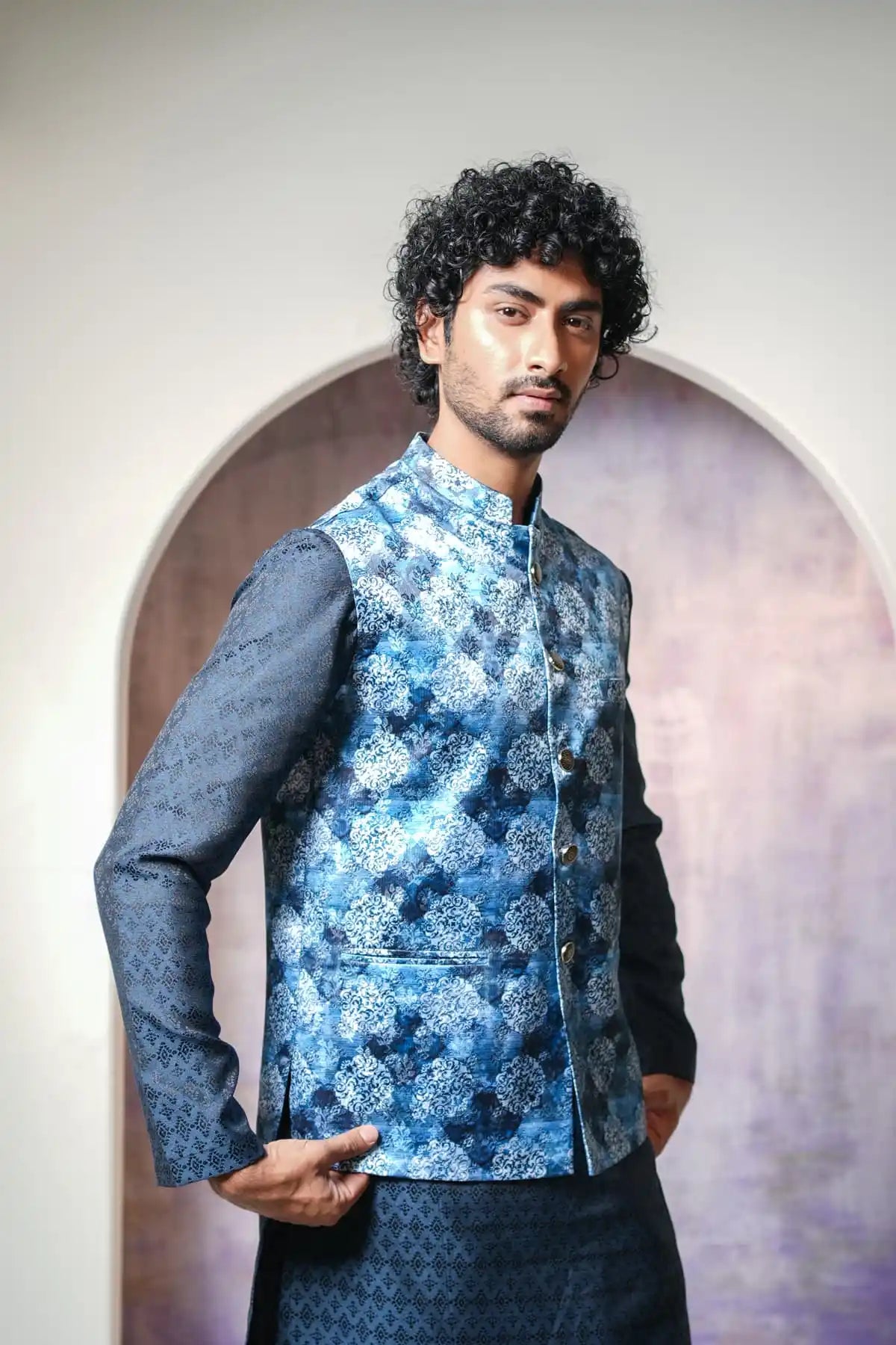 Elegant Slate Gray Nehru Jacket, Digital Print Nehru Jacket - Kavarsa