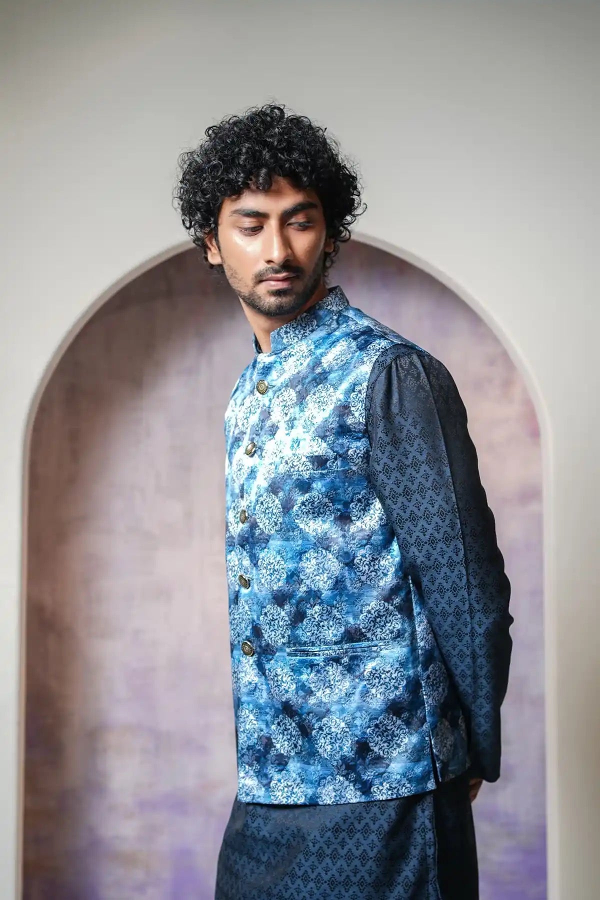 Elegant Slate Gray Nehru Jacket, Digital Print Nehru Jacket - Kavarsa