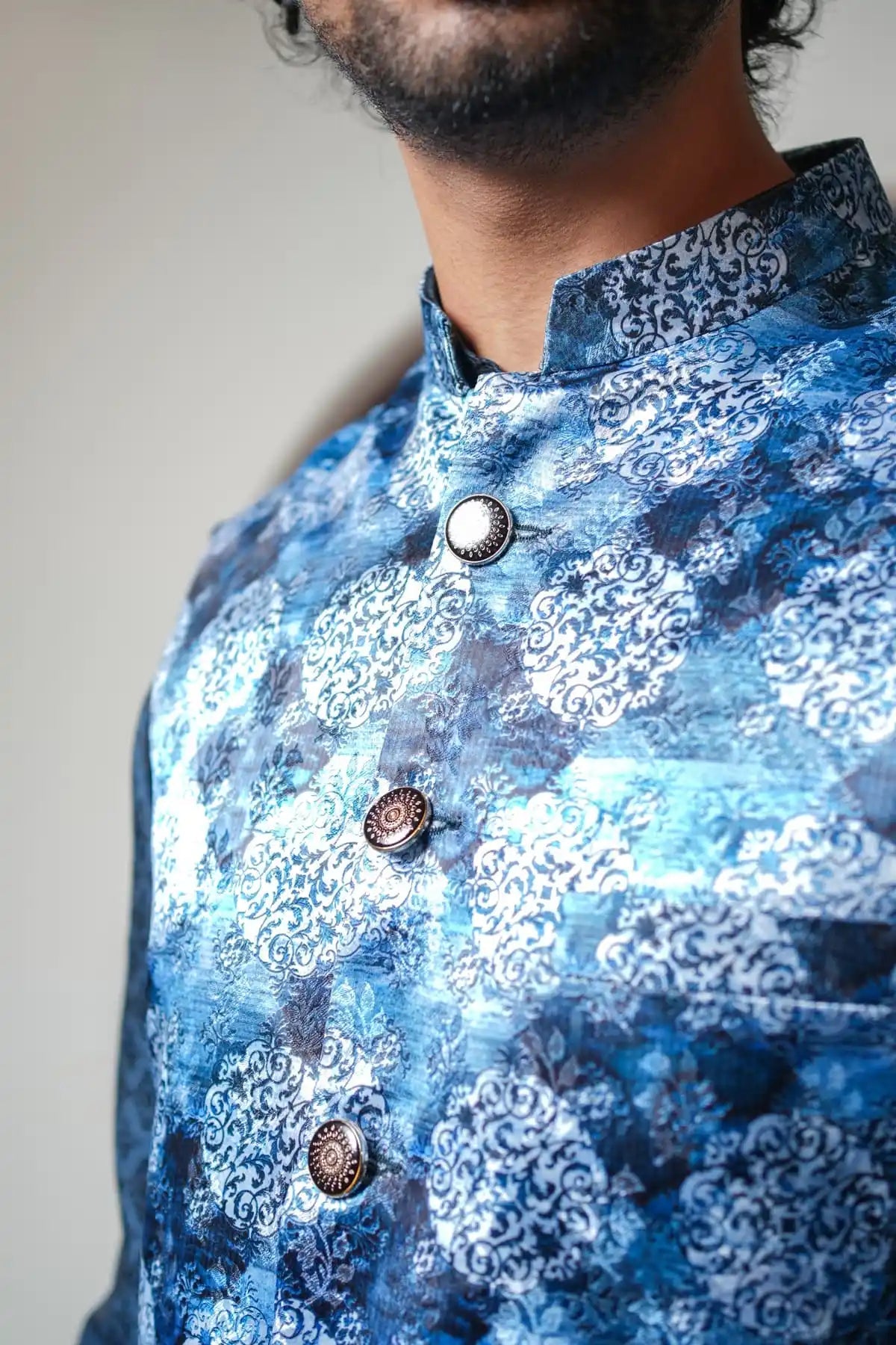 Elegant Slate Gray Nehru Jacket, Digital Print Nehru Jacket - Kavarsa