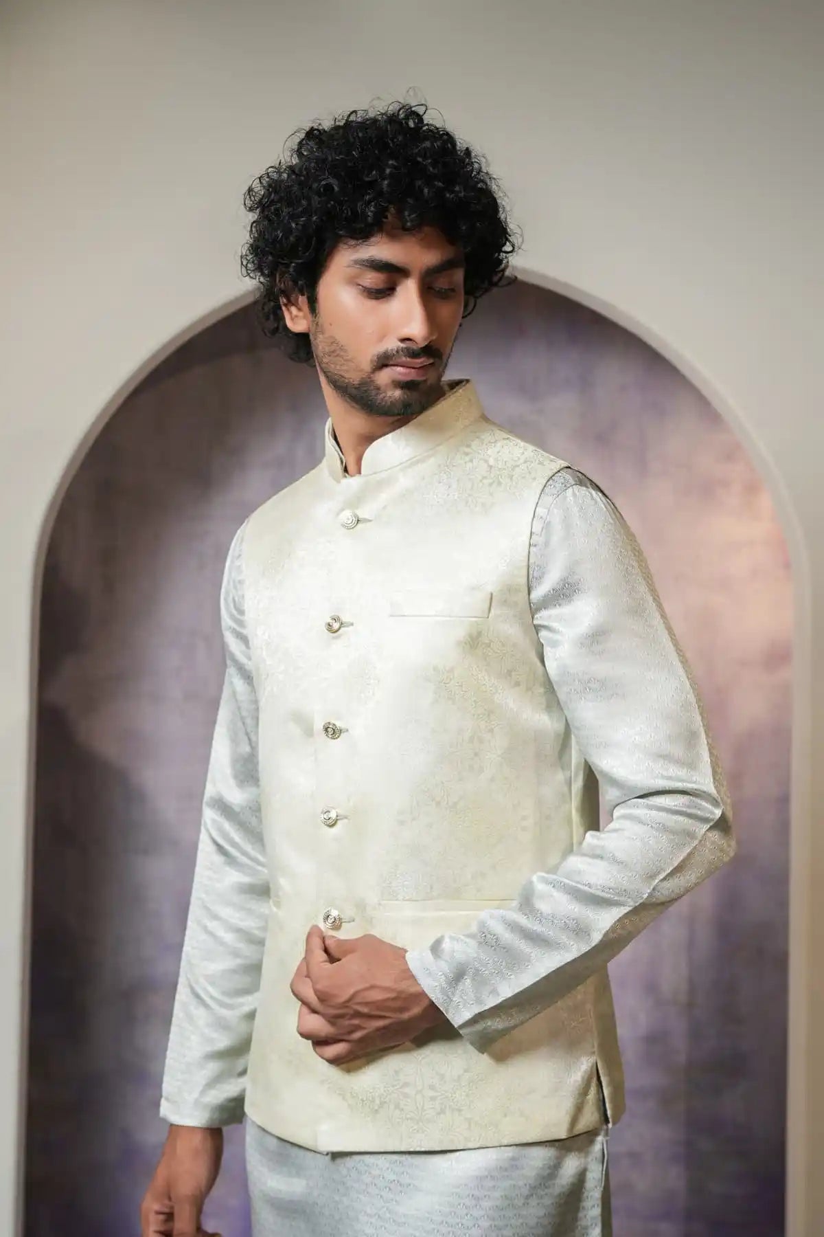 Elegant White Hue Nehru Jacket, Designer Jacquard Nehru Jacket - Kavarsa