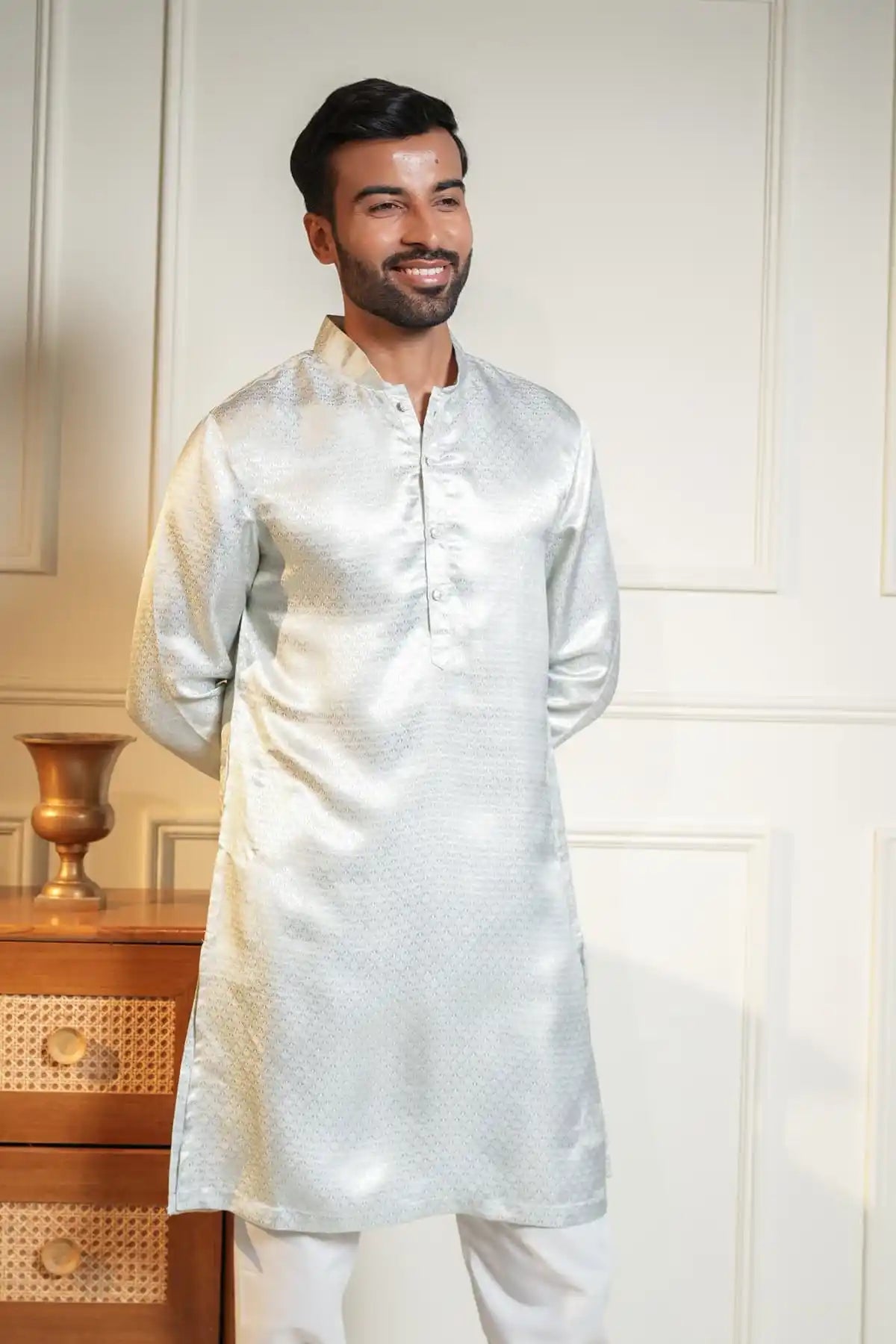 Elegant White Kurta, Jacquard Kurta - Kavarsa